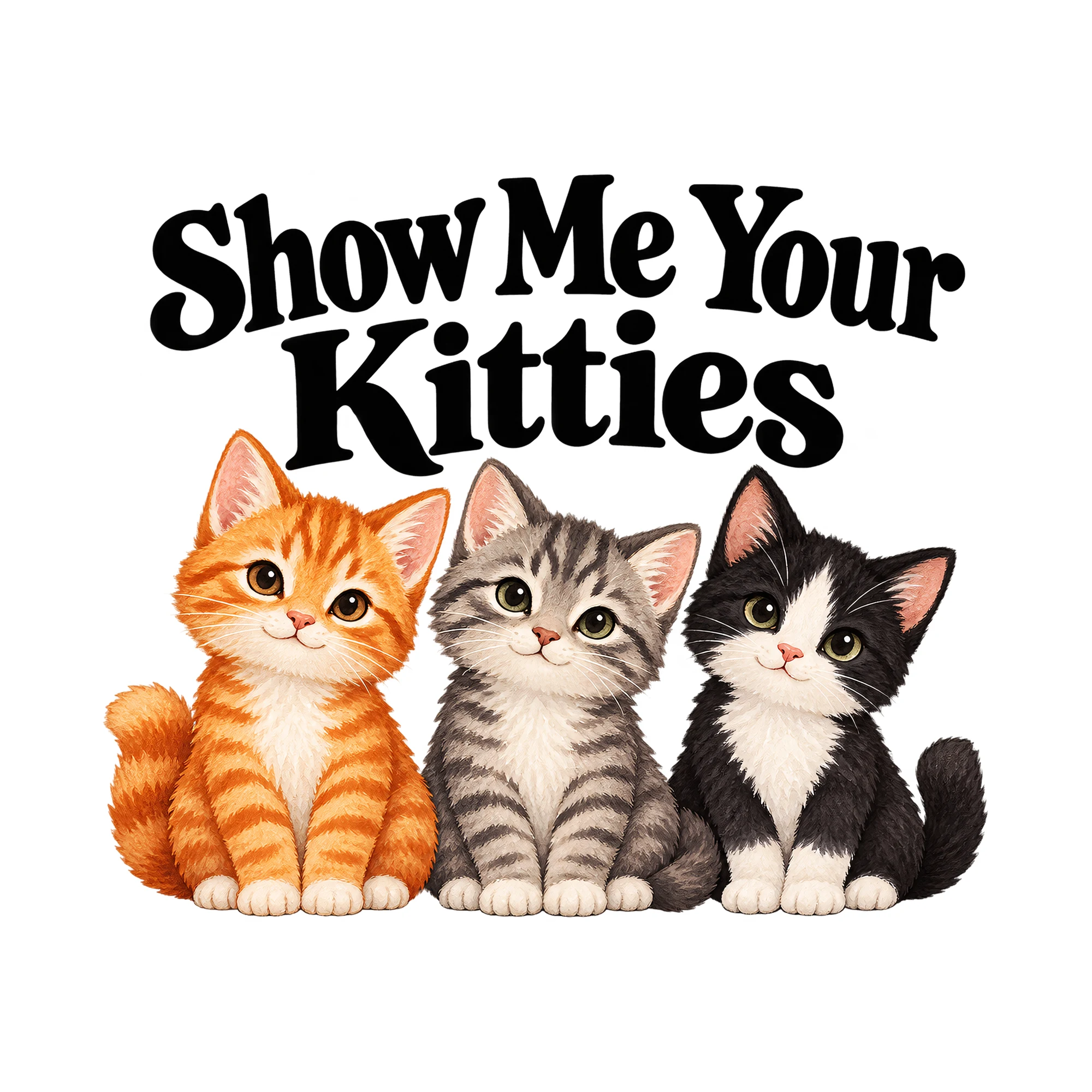 Bügelbild Show Me Your Kitties, Freundschaft Shirt Spruch als Grafik auf weißem Hintergrund (BB015116)