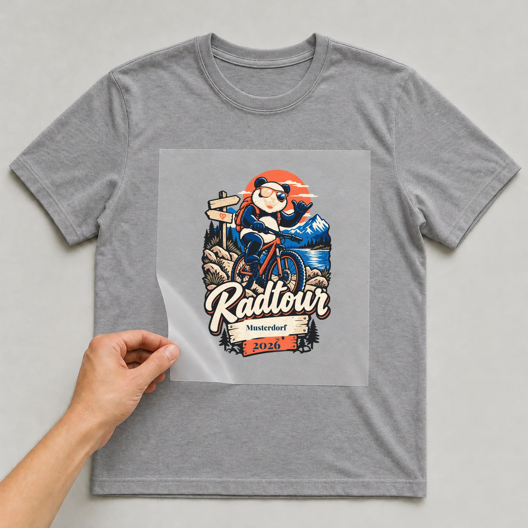 Bügelbild Radtour mit Ort und Jahr auf grauem T-Shirt, Folie wird aufgelegt