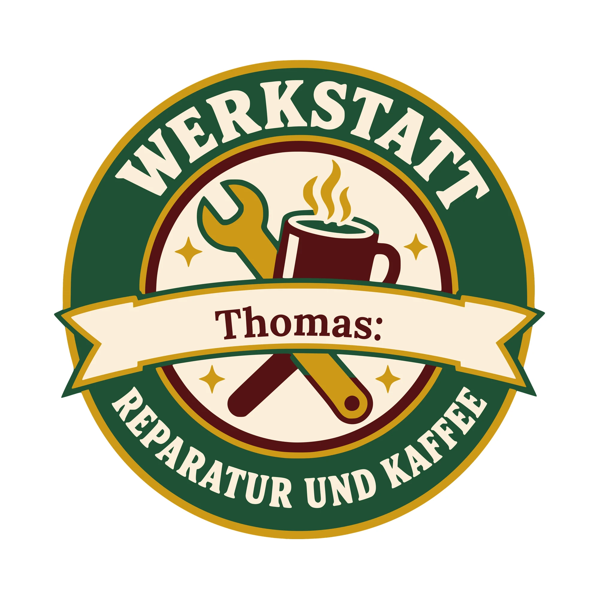 Bügelbild Werkstatt: Reparatur und Kaffee mit Name als Grafik auf weißem Hintergrund (BB010613)