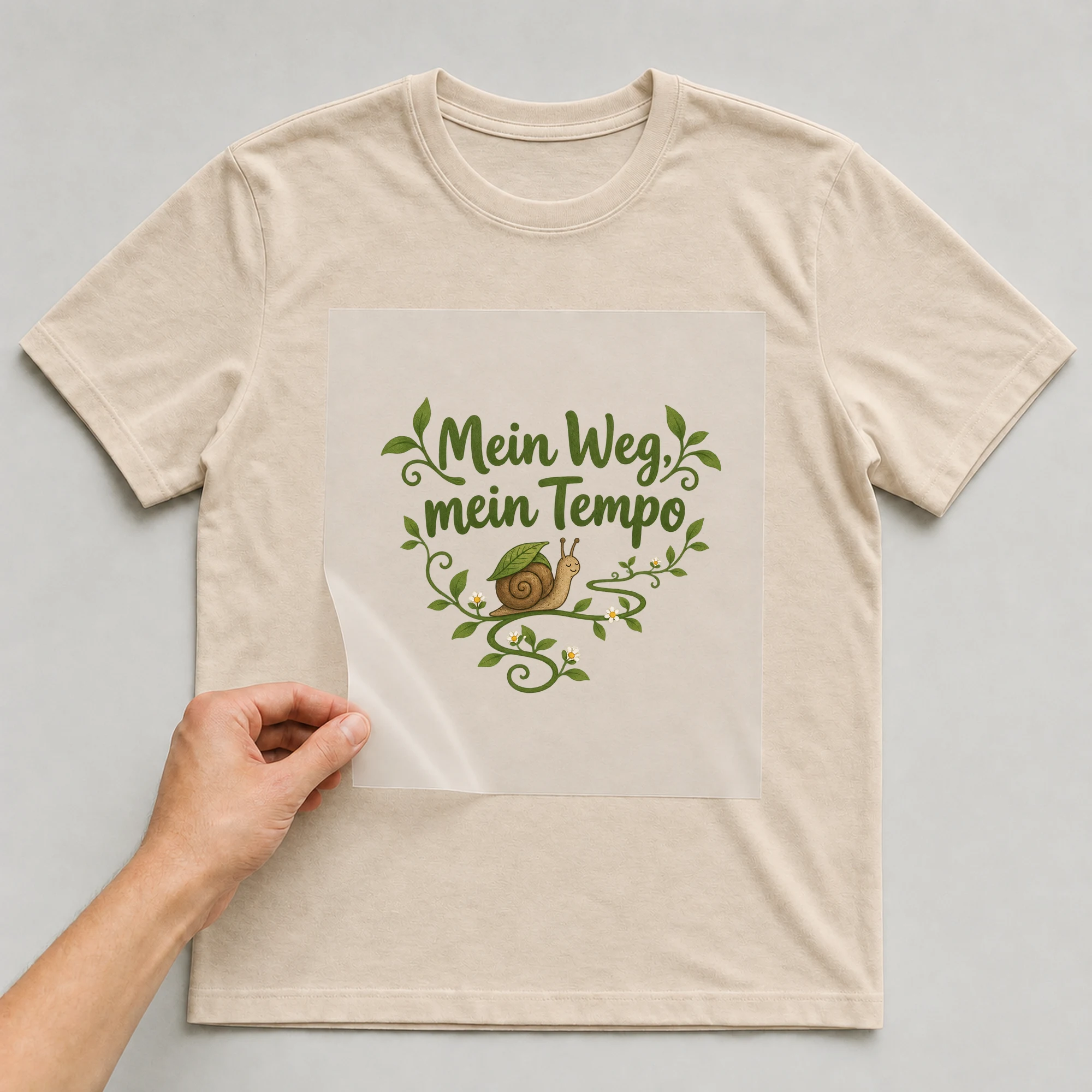 Bügelbild „Mein Weg, mein Tempo“ auf beigem T-Shirt, Folie wird aufgelegt