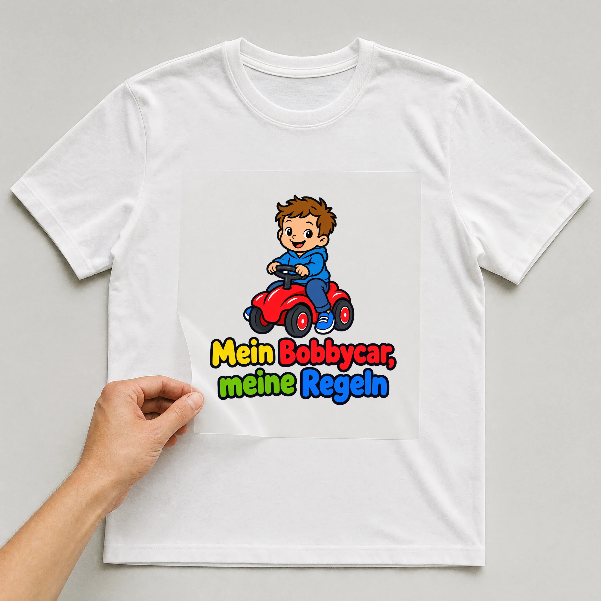 Bügelbild „Mein Bobbycar, meine Regeln“ auf weißem T-Shirt, Folie wird aufgelegt