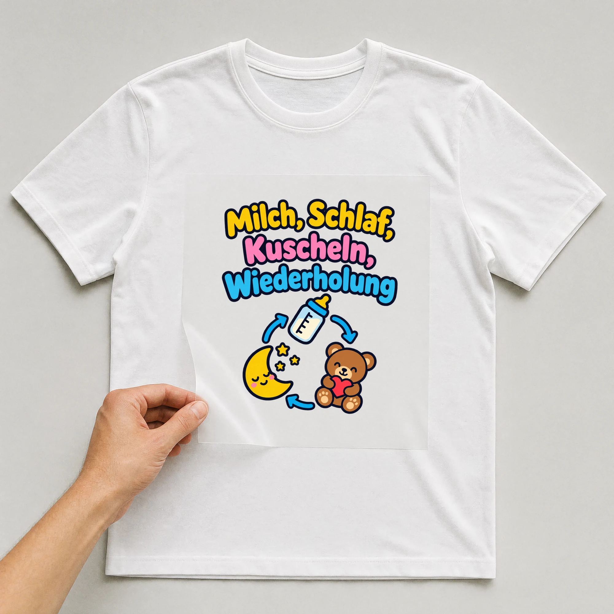 Bügelbild „Milch, Schlaf, Kuscheln, Wiederholung“ auf weißem T-Shirt, Folie wird aufgelegt