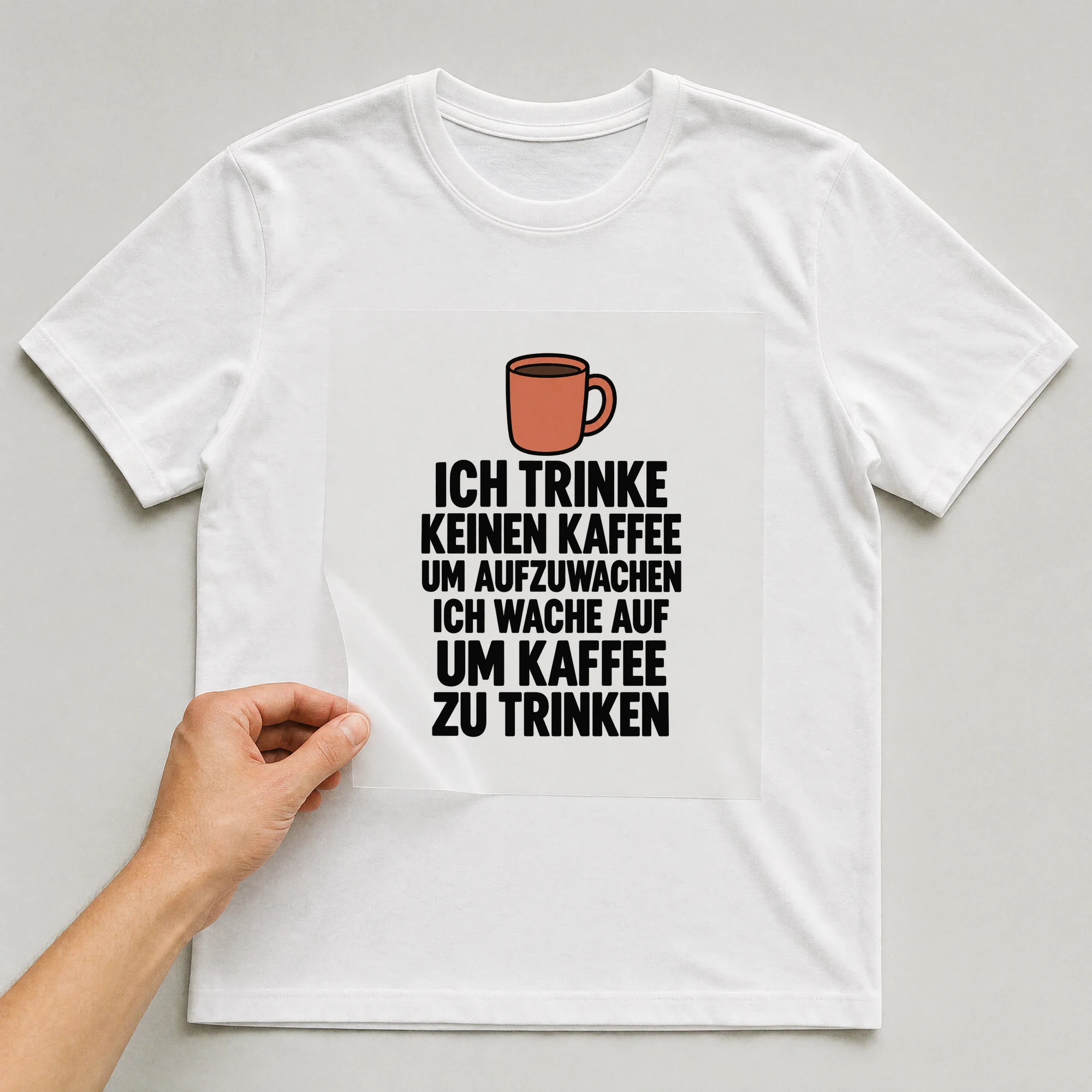 Bügelbild „Ich trinke keinen Kaffee um Aufzuwachen ich wache auf um Kaffee zu Trinken“ auf weißem T-Shirt, Folie wird aufgelegt