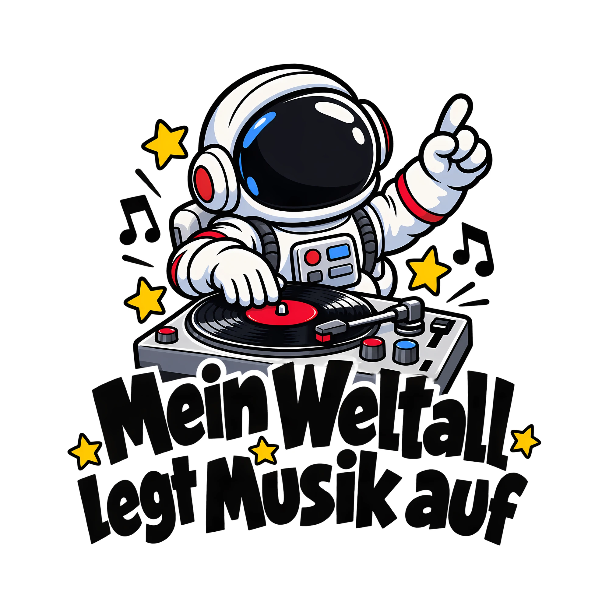 Bügelbild Mein Weltall legt Musik auf als Grafik auf weißem Hintergrund (BB013081)