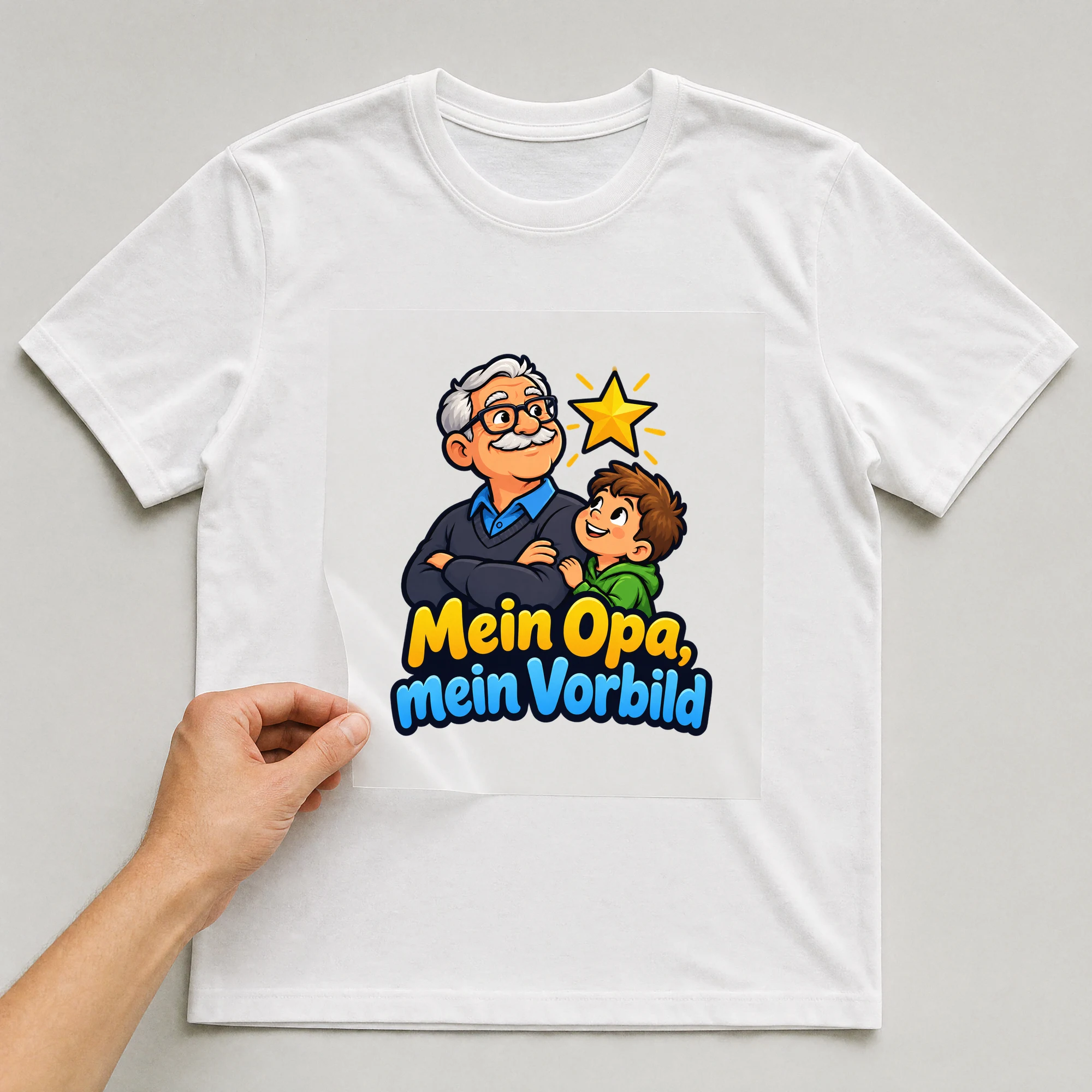 Bügelbild „Mein Opa, mein Vorbild“ auf weißem T-Shirt, Folie wird aufgelegt