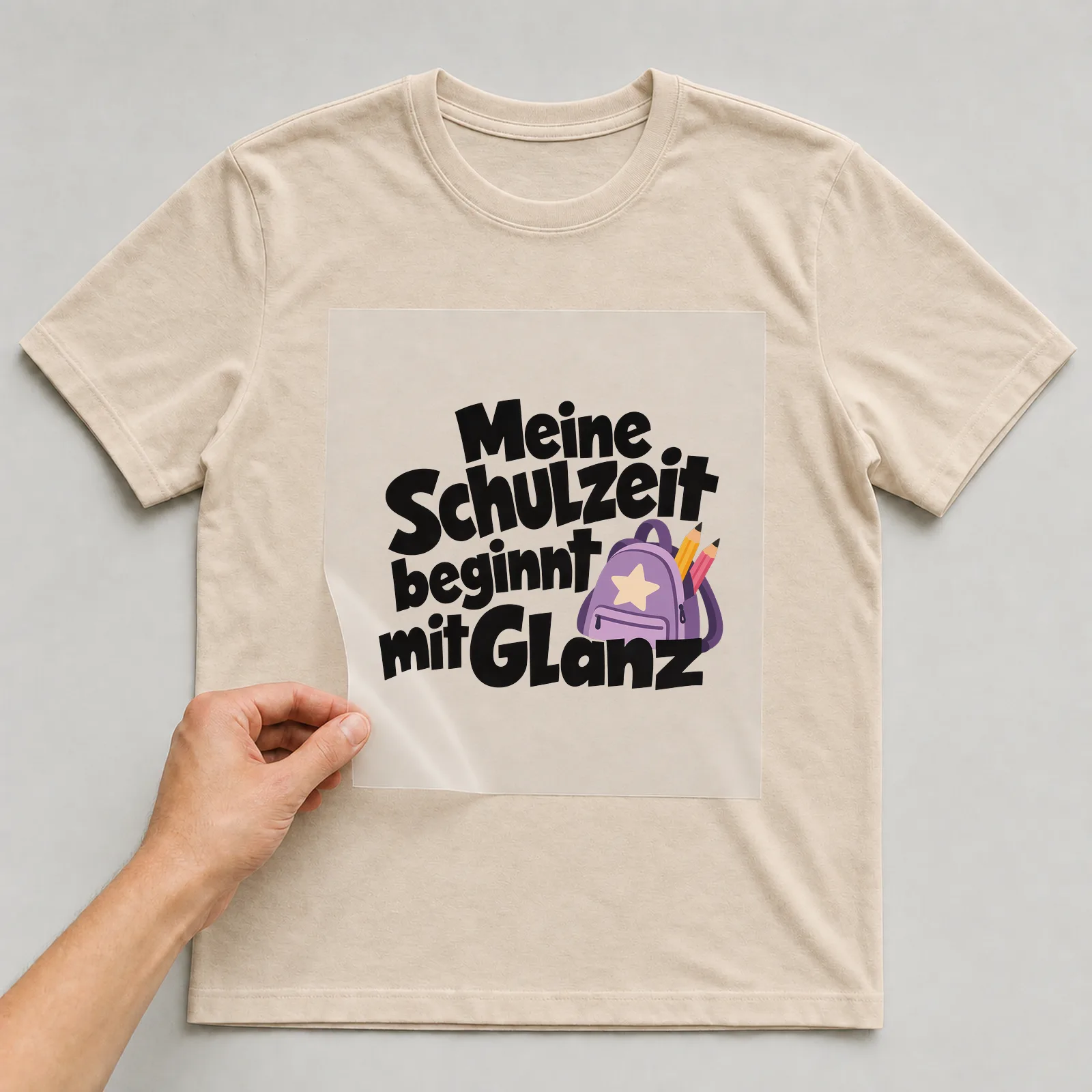 Bügelbild „Meine Schulzeit beginnt mit Glanz“ auf beigem T-Shirt, Folie wird aufgelegt