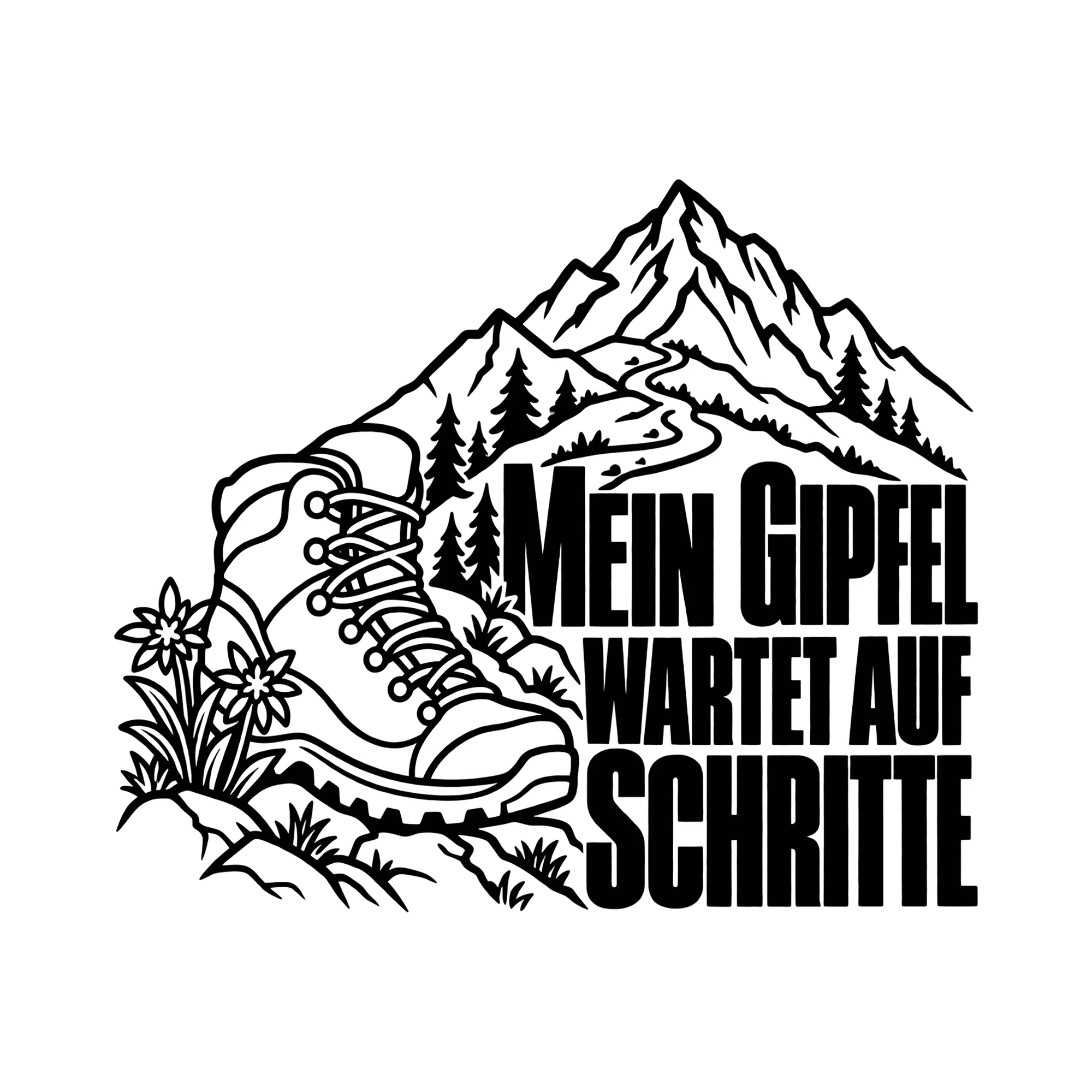Bügelbild MEIN GIPFEL WARTET AUF SCHRITTE als Grafik auf weißem Hintergrund (BB014608)