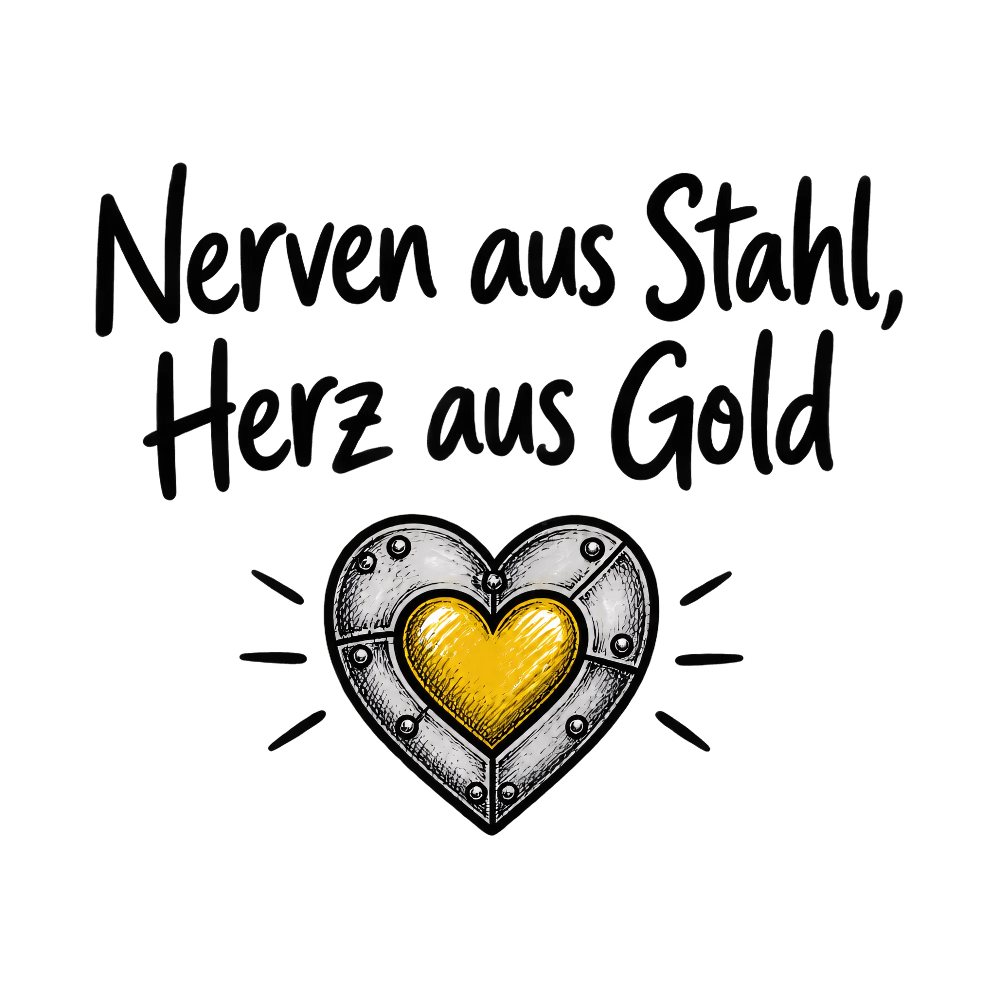 Bügelbild Nerven aus Stahl, Herz aus Gold als Grafik auf weißem Hintergrund (BB020343)