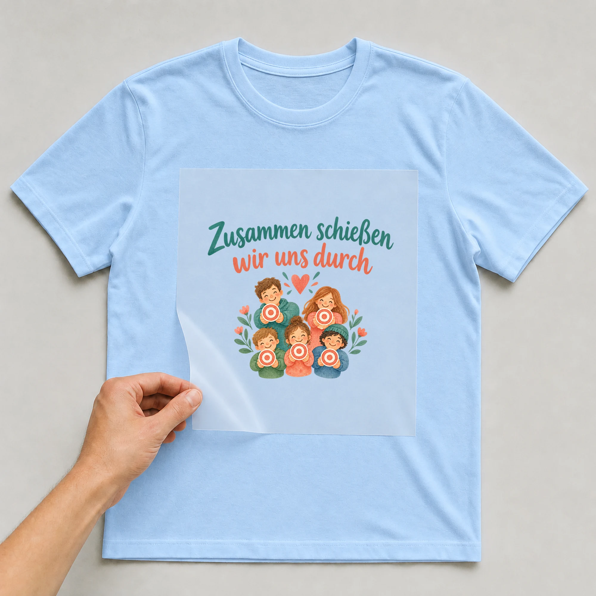 Bügelbild „Zusammen schießen wir uns durch“ auf babyblauem T-Shirt, Folie wird aufgelegt