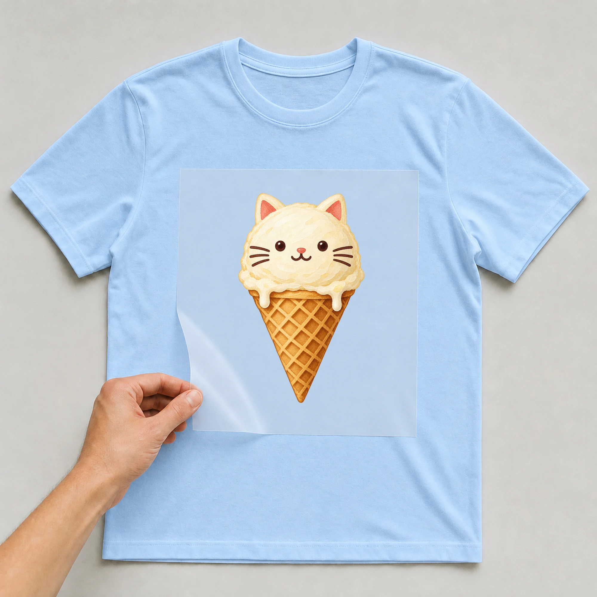 Bügelbild „Ice Cat“ auf babyblauem T-Shirt, Folie wird aufgelegt