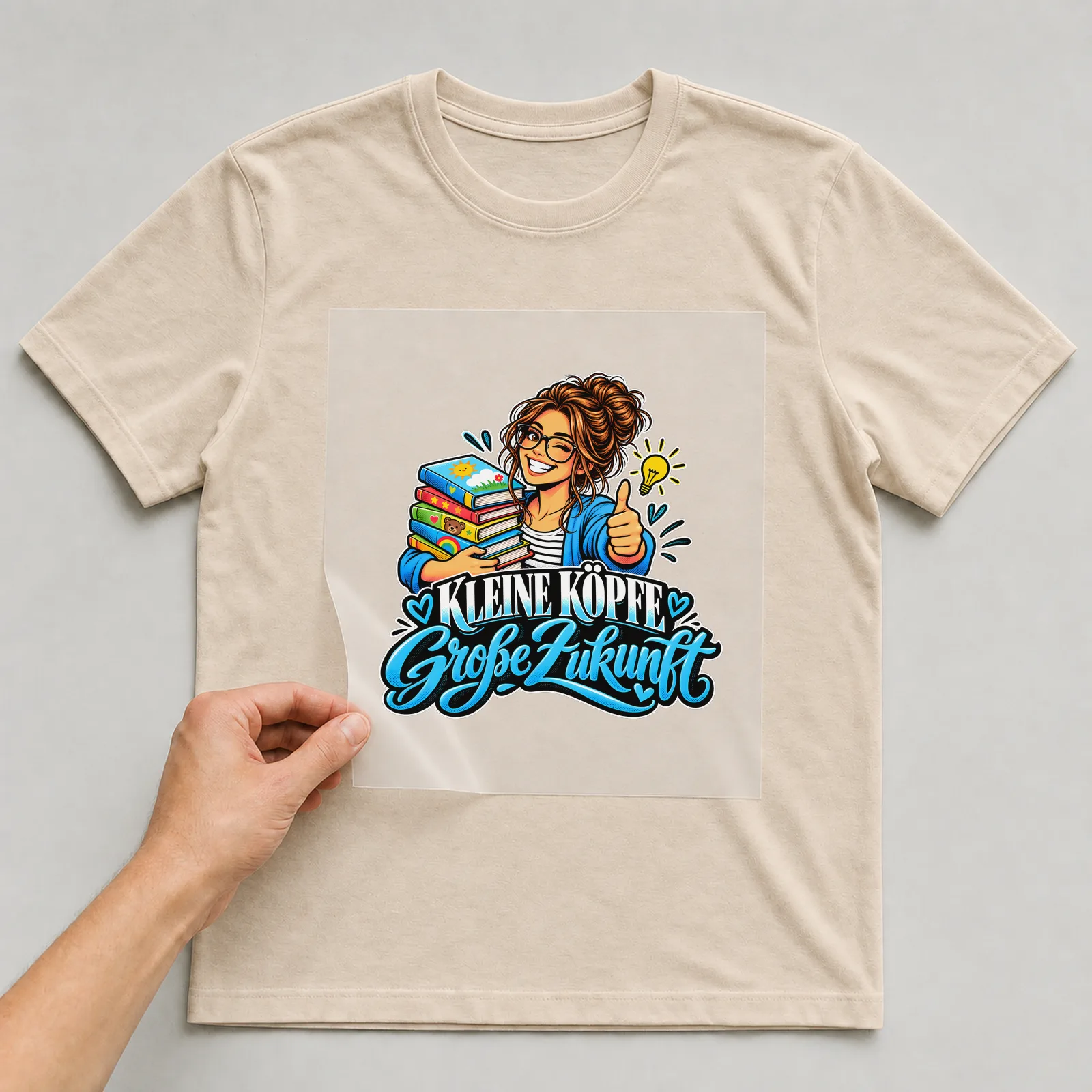 Bügelbild „Kleine Köpfe große Zukunft“ auf beigem T-Shirt, Folie wird aufgelegt