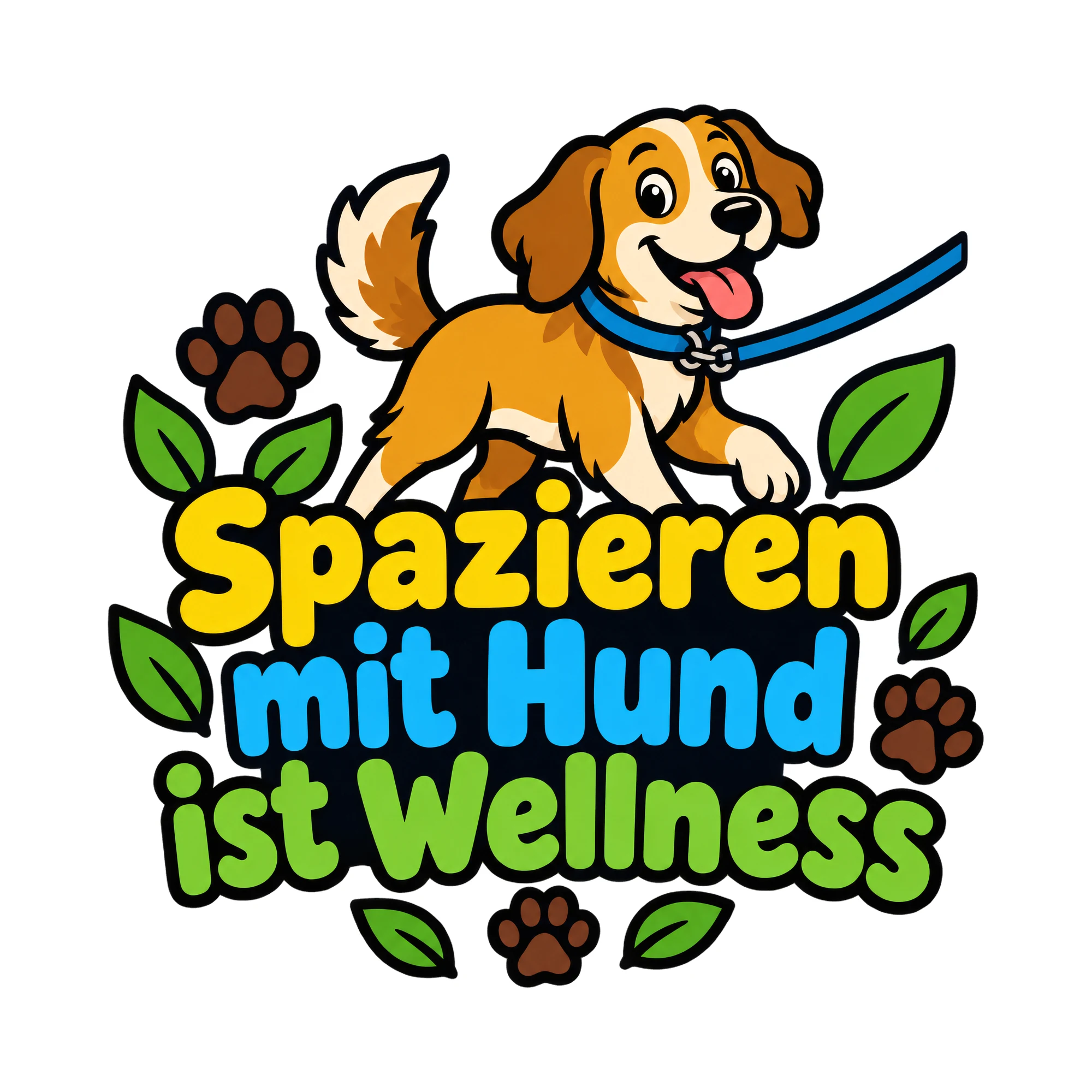 Bügelbild Spazieren mit Hund ist Wellness als Grafik auf weißem Hintergrund (BB018544)