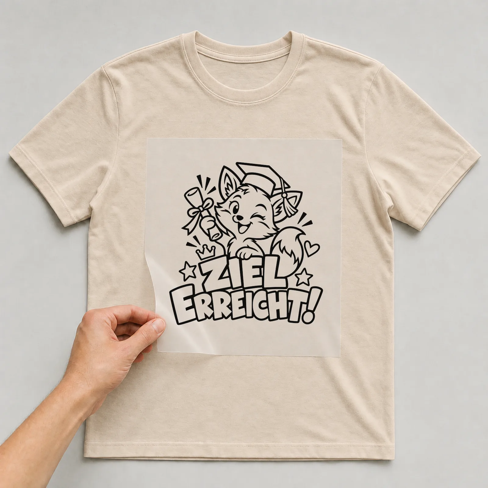 Bügelbild „Ziel erreicht!“ auf beigem T-Shirt, Folie wird aufgelegt
