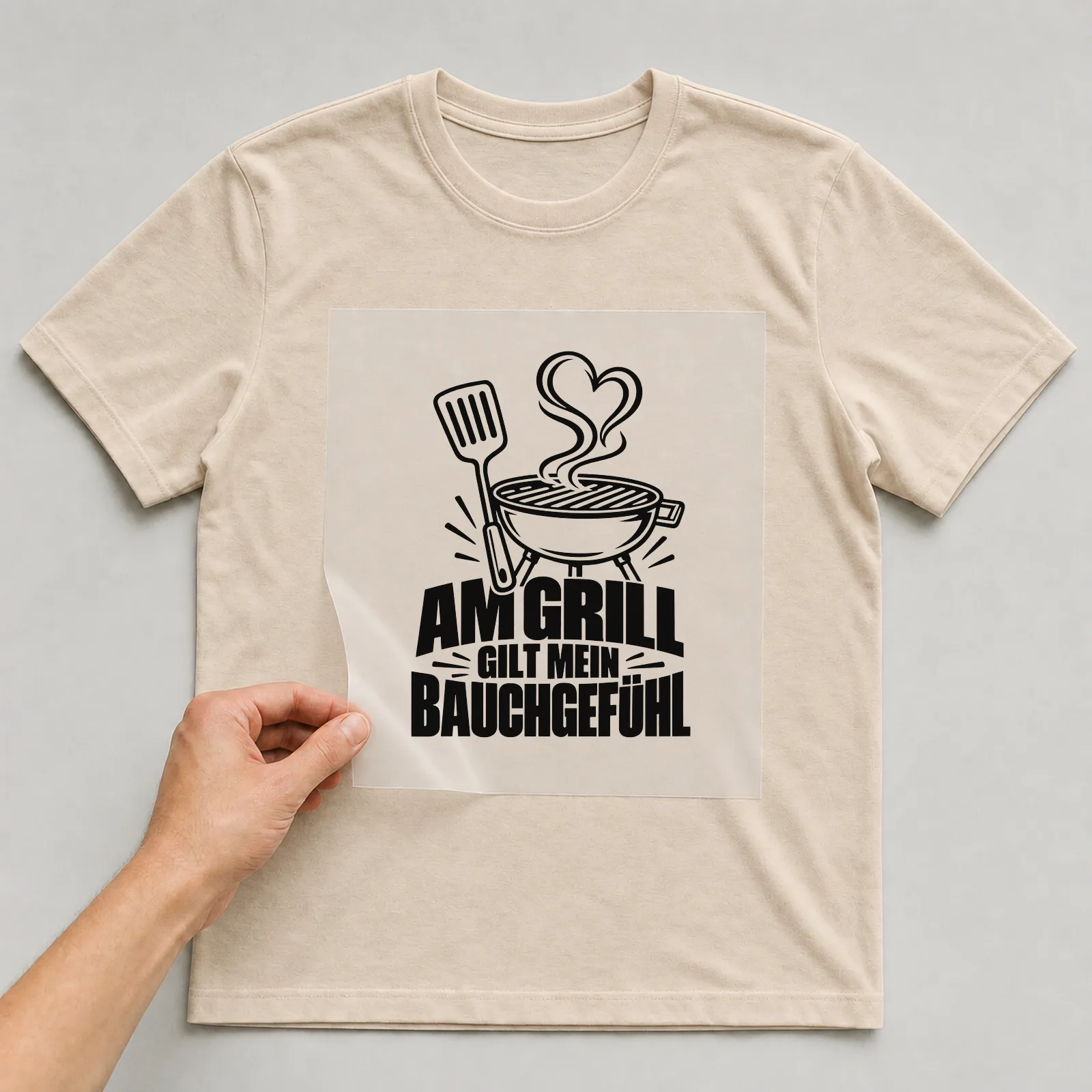 Bügelbild „Am Grill gilt mein Bauchgefühl“ auf beigem T-Shirt, Folie wird aufgelegt