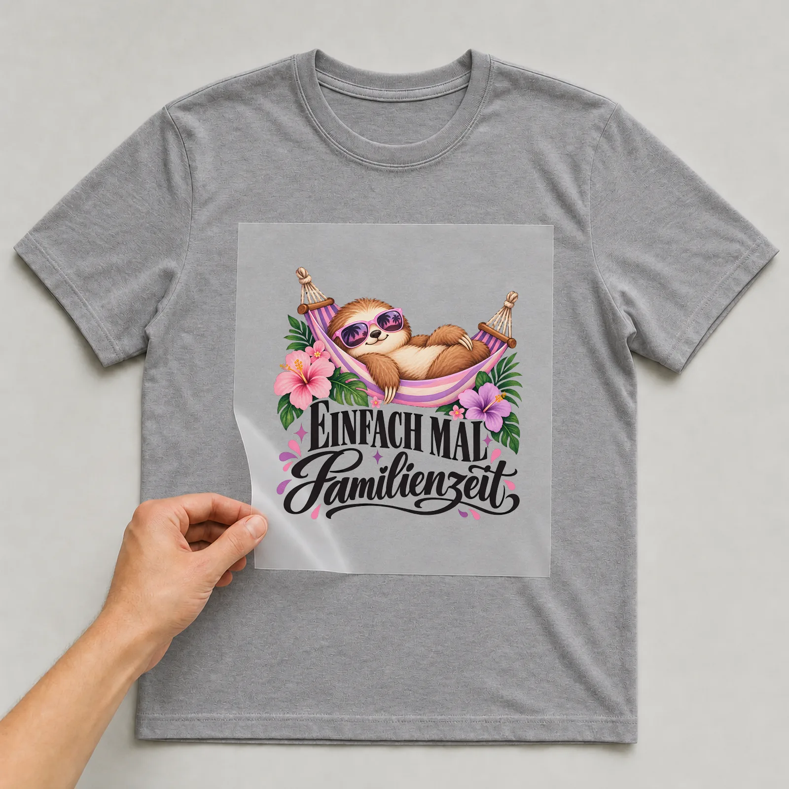 Bügelbild „Einfach mal Familienzeit“ auf grauem T-Shirt, Folie wird aufgelegt