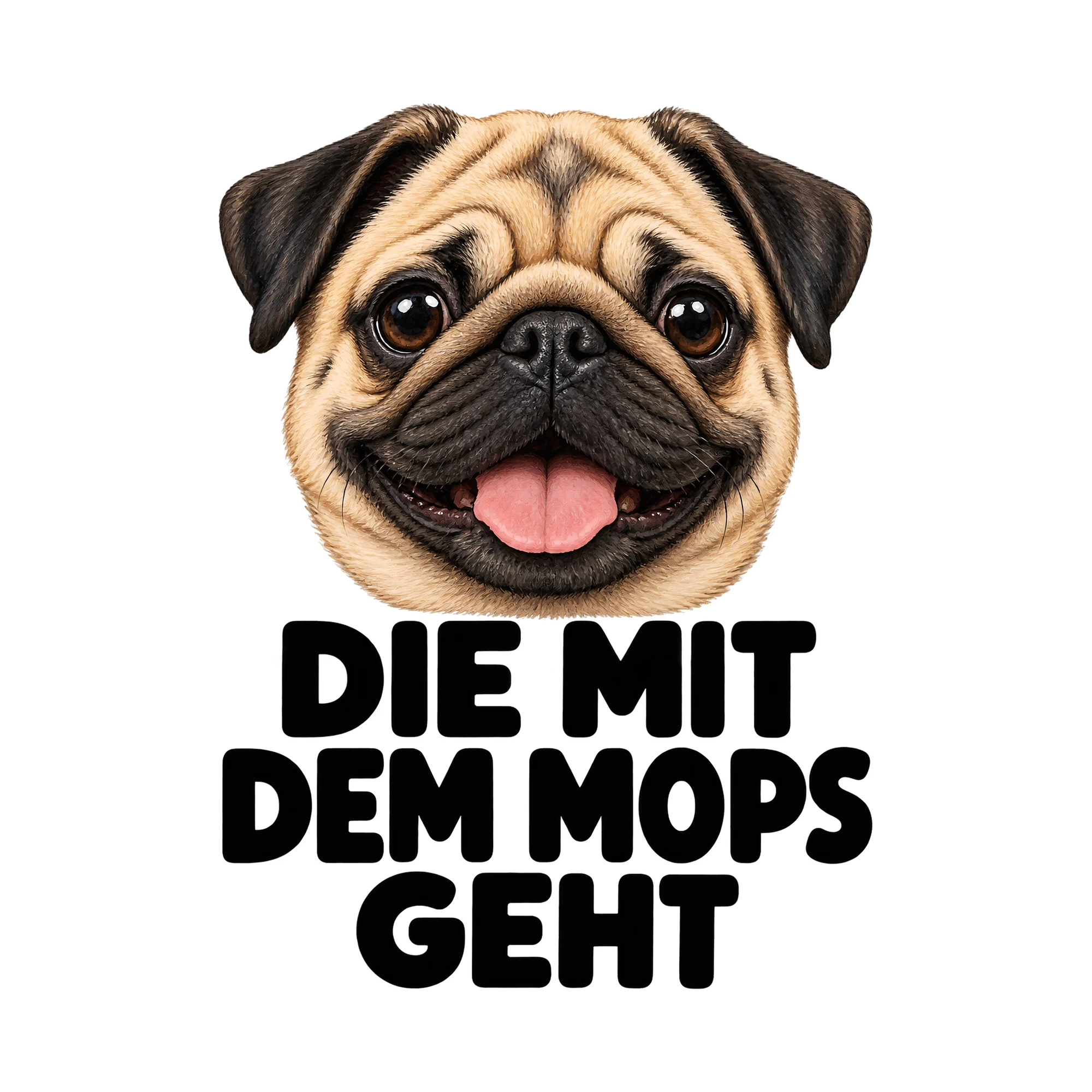 Bügelbild „Die mit dem Mops geht“, Tiere Shirt Spruch als Grafik auf weißem Hintergrund (BB016168)
