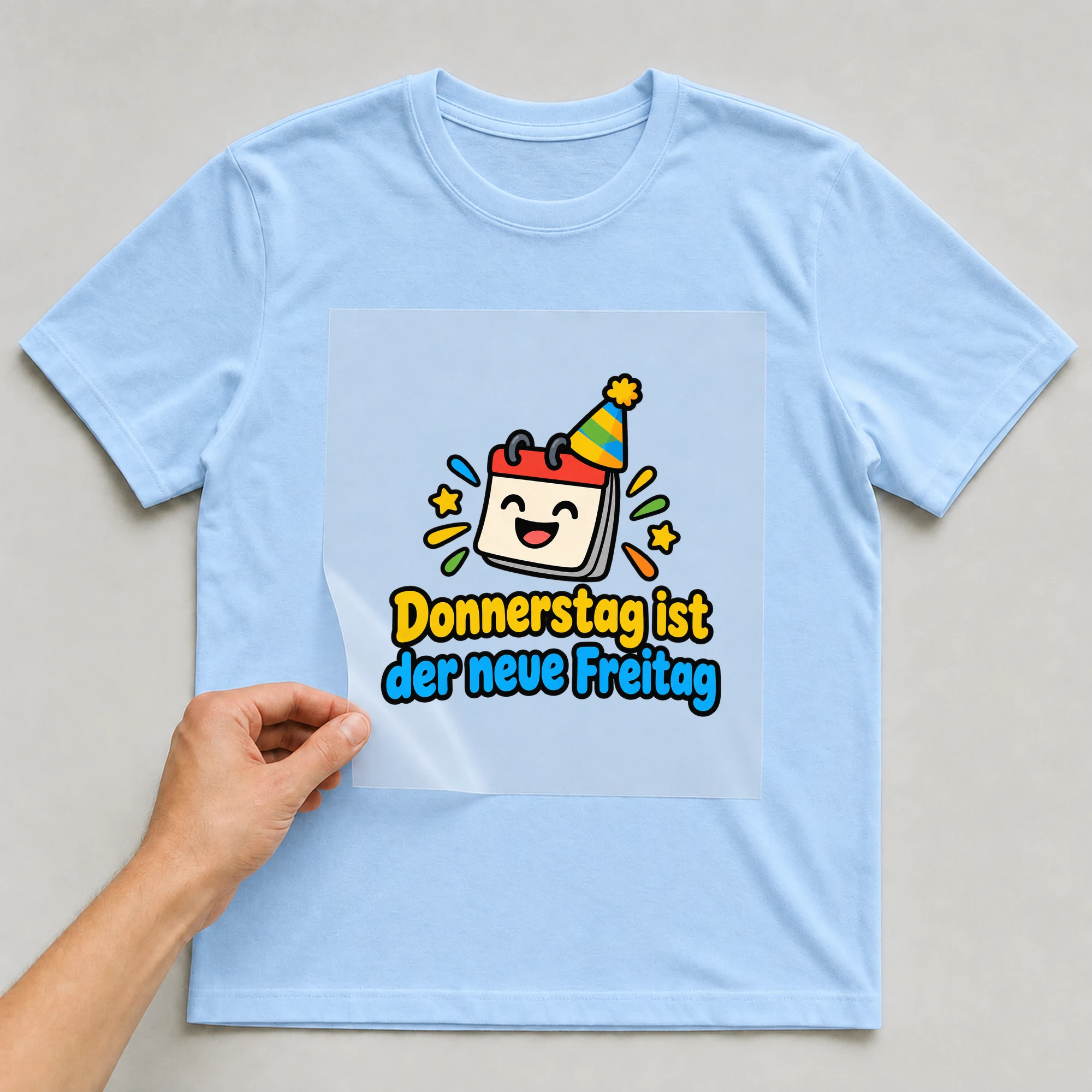 Bügelbild „Donnerstag ist der neue Freitag“ auf babyblauem T-Shirt, Folie wird aufgelegt
