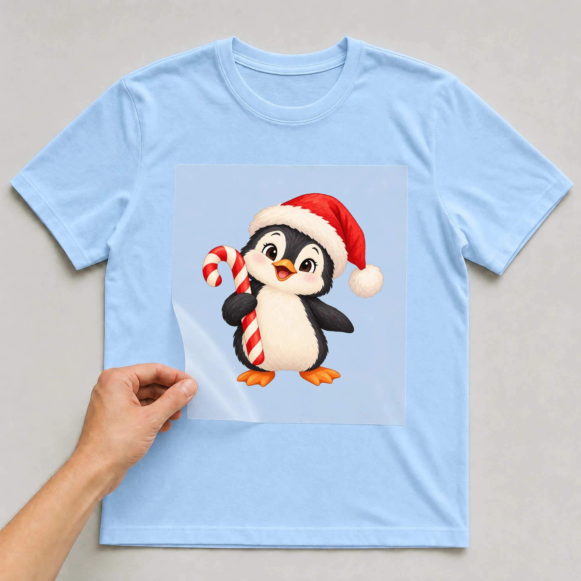 Bügelbild „Santa Pinguin“ auf babyblauem T-Shirt, Folie wird aufgelegt