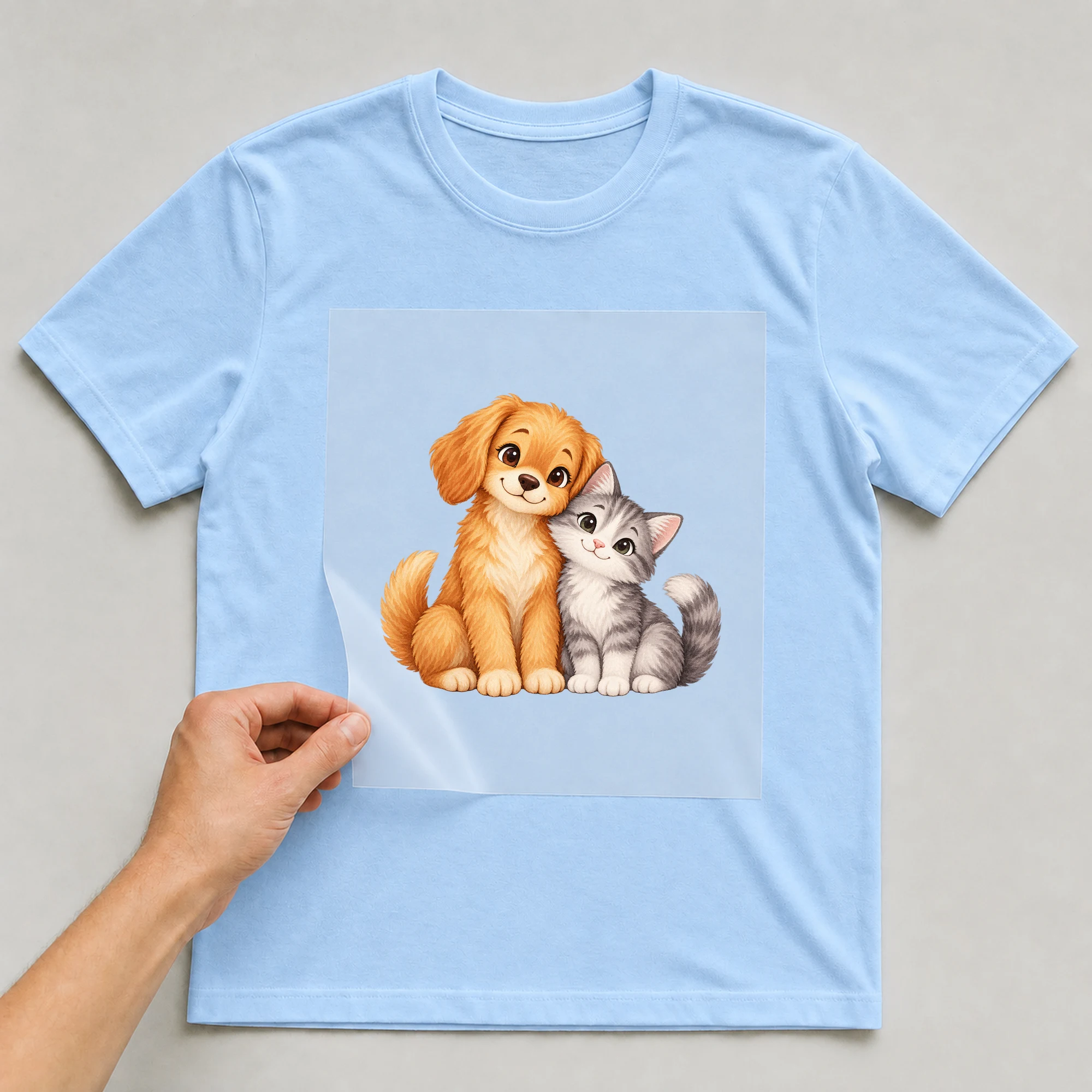 Bügelbild „Cat And Dog“ auf babyblauem T-Shirt, Folie wird aufgelegt