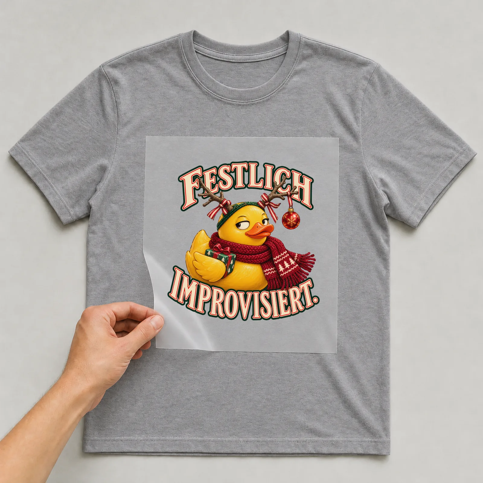 Bügelbild „Festlich improvisiert“ auf grauem T-Shirt, Folie wird aufgelegt