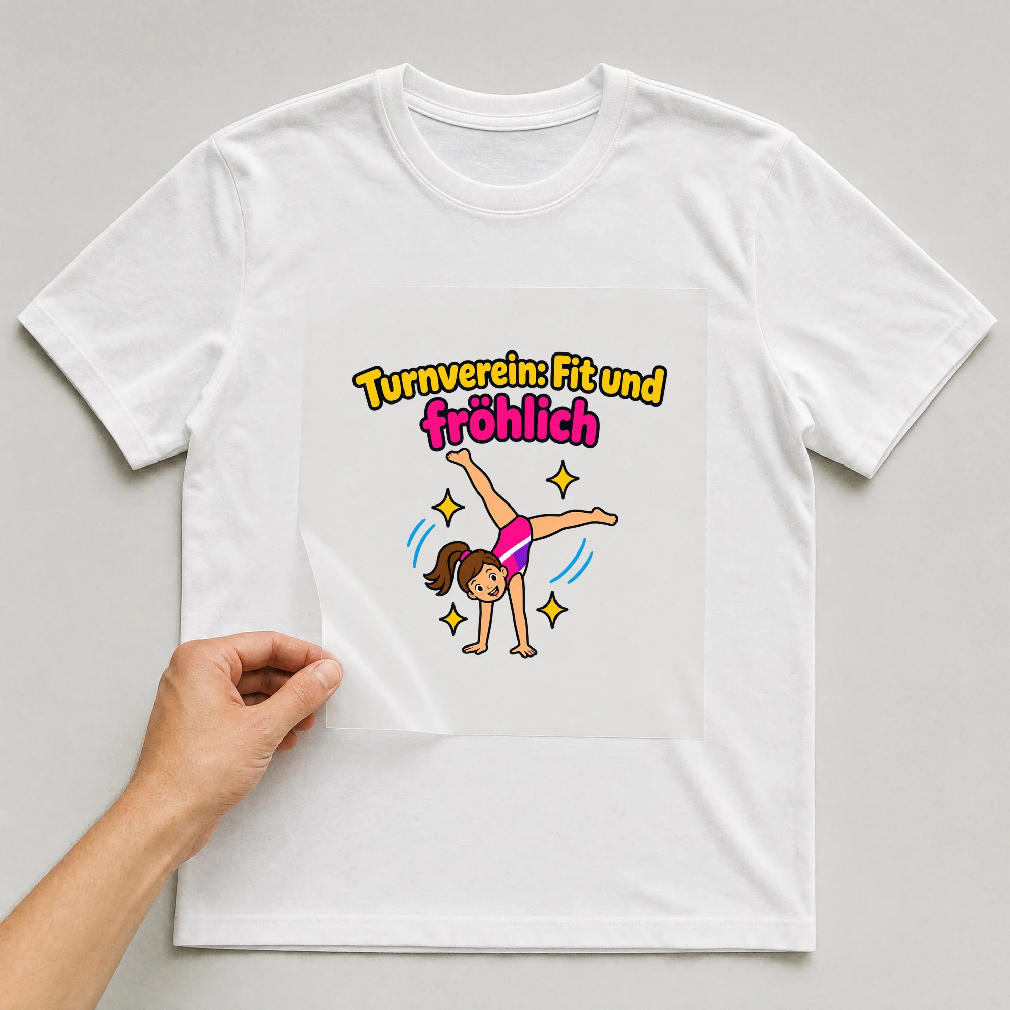 Bügelbild „Turnverein: Fit und fröhlich“ auf weißem T-Shirt, Folie wird aufgelegt