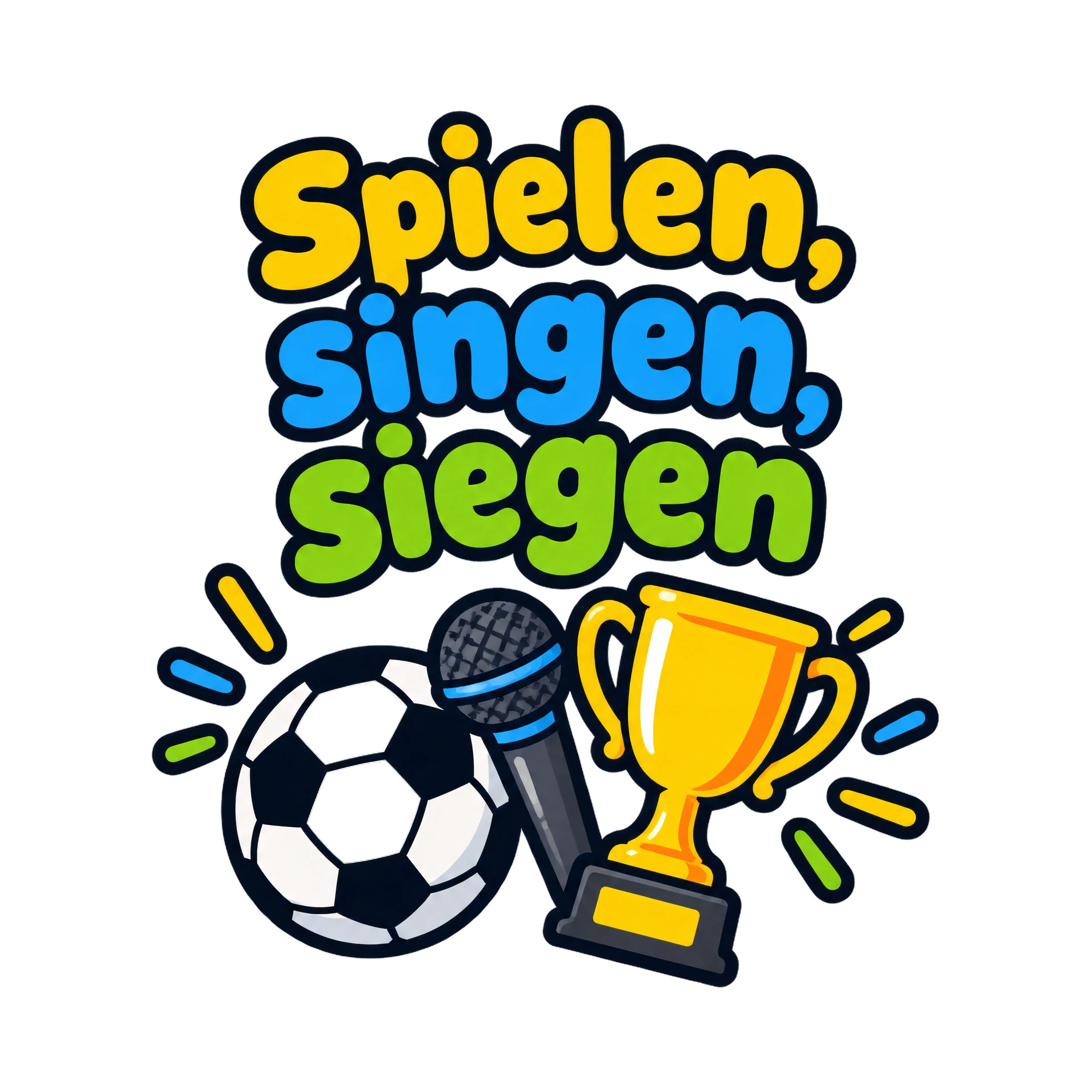 Bügelbild Spielen, singen, siegen als Grafik auf weißem Hintergrund (BB020380)