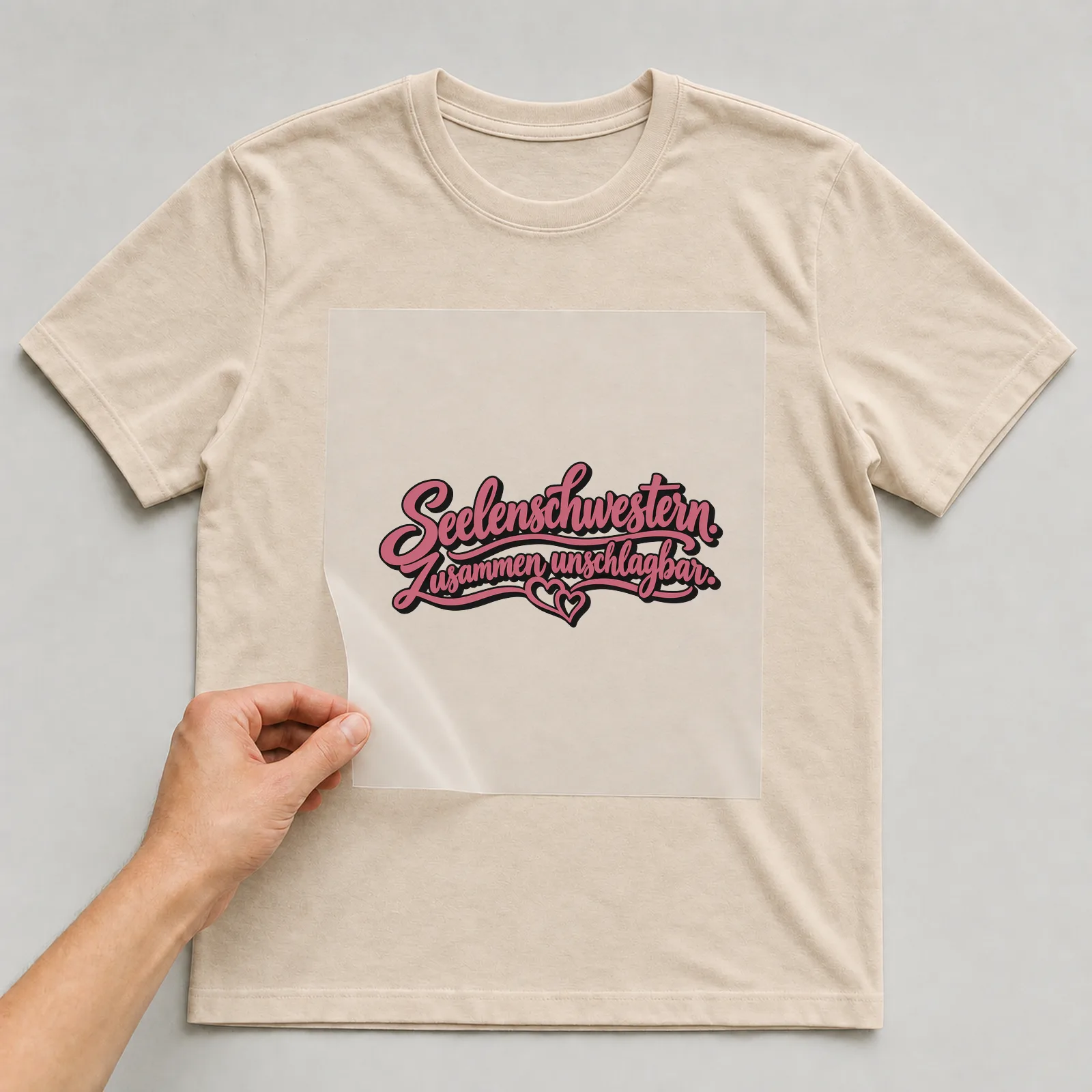 Bügelbild „Seelenschwestern. Zusammen unschlagbar.“ auf beigem T-Shirt, Folie wird aufgelegt
