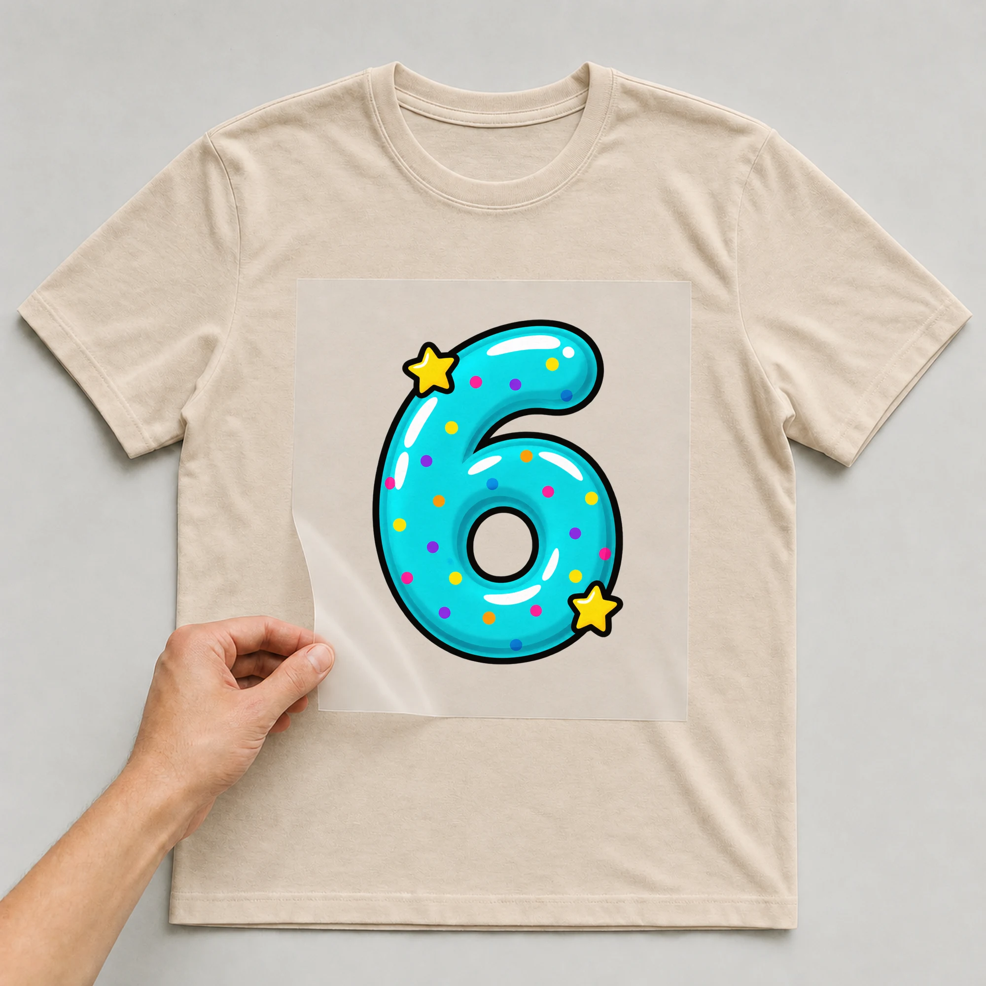 Bügelbild „Zahl 6 im Comic-Ballon-Stil“ auf beigem T-Shirt, Folie wird aufgelegt