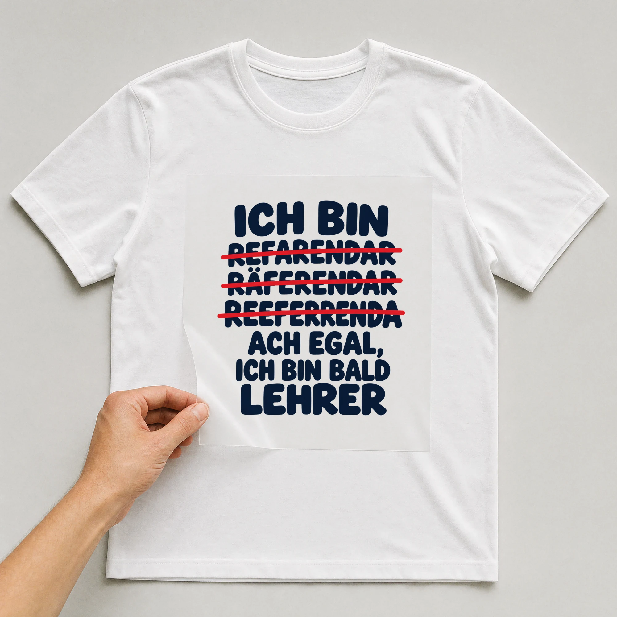 Bügelbild „Ich bin refarendar räferendar reeferrenda ach egal, ich bin bald Lehrer“ auf weißem T-Shirt, Folie wird aufgelegt