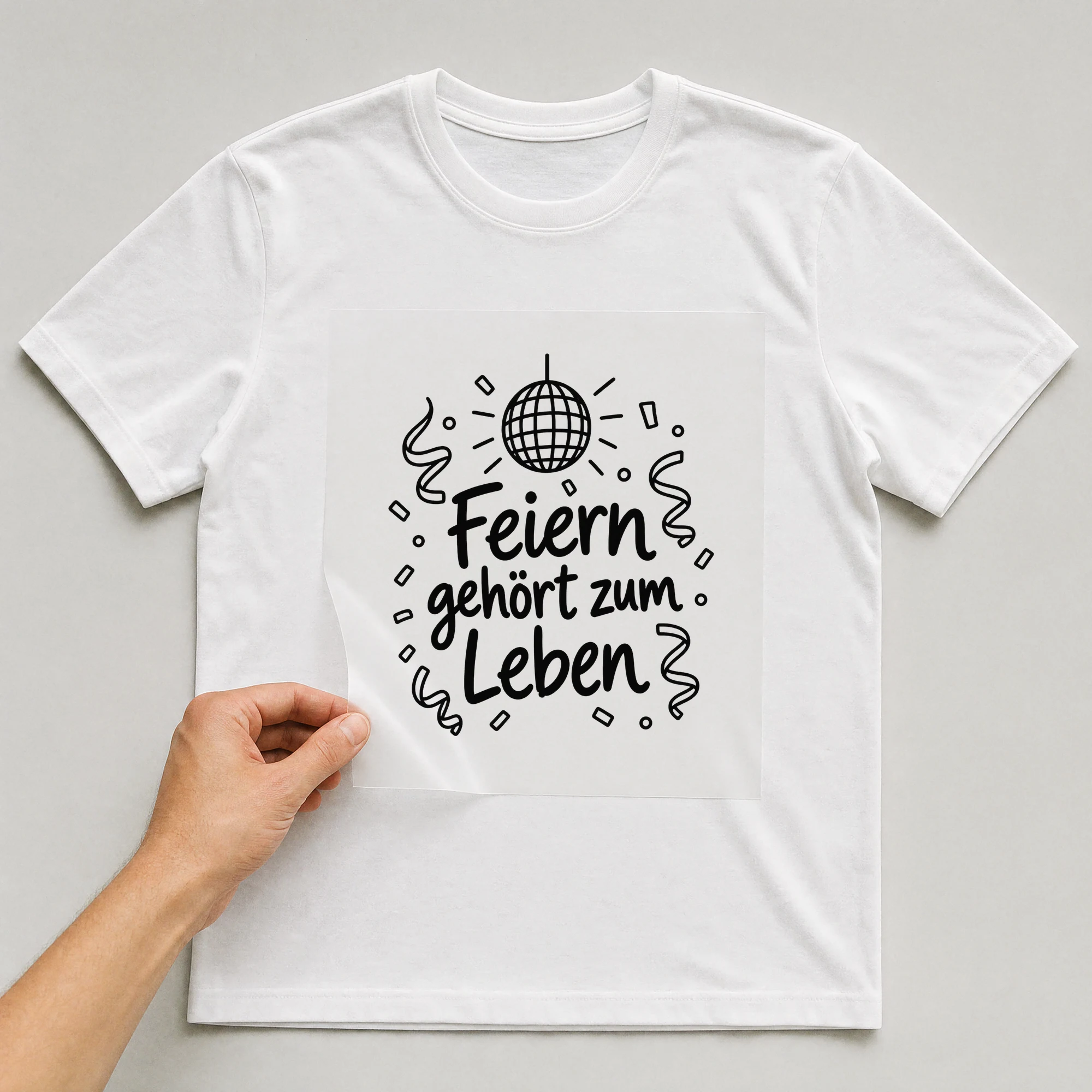 Bügelbild „Feiern gehört zum Leben“ auf weißem T-Shirt, Folie wird aufgelegt