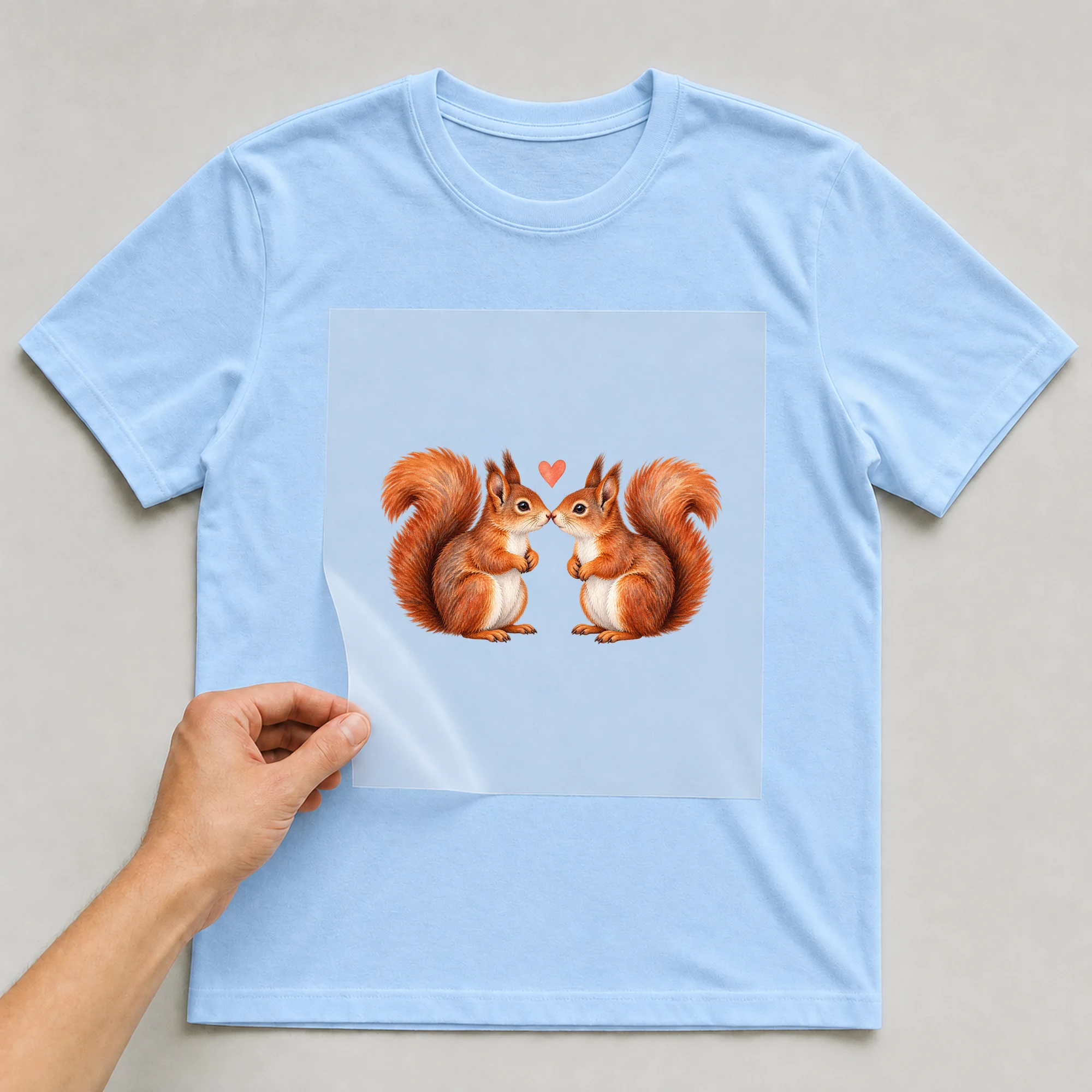 Bügelbild „Eichhörnchen Liebe“ auf babyblauem T-Shirt, Folie wird aufgelegt