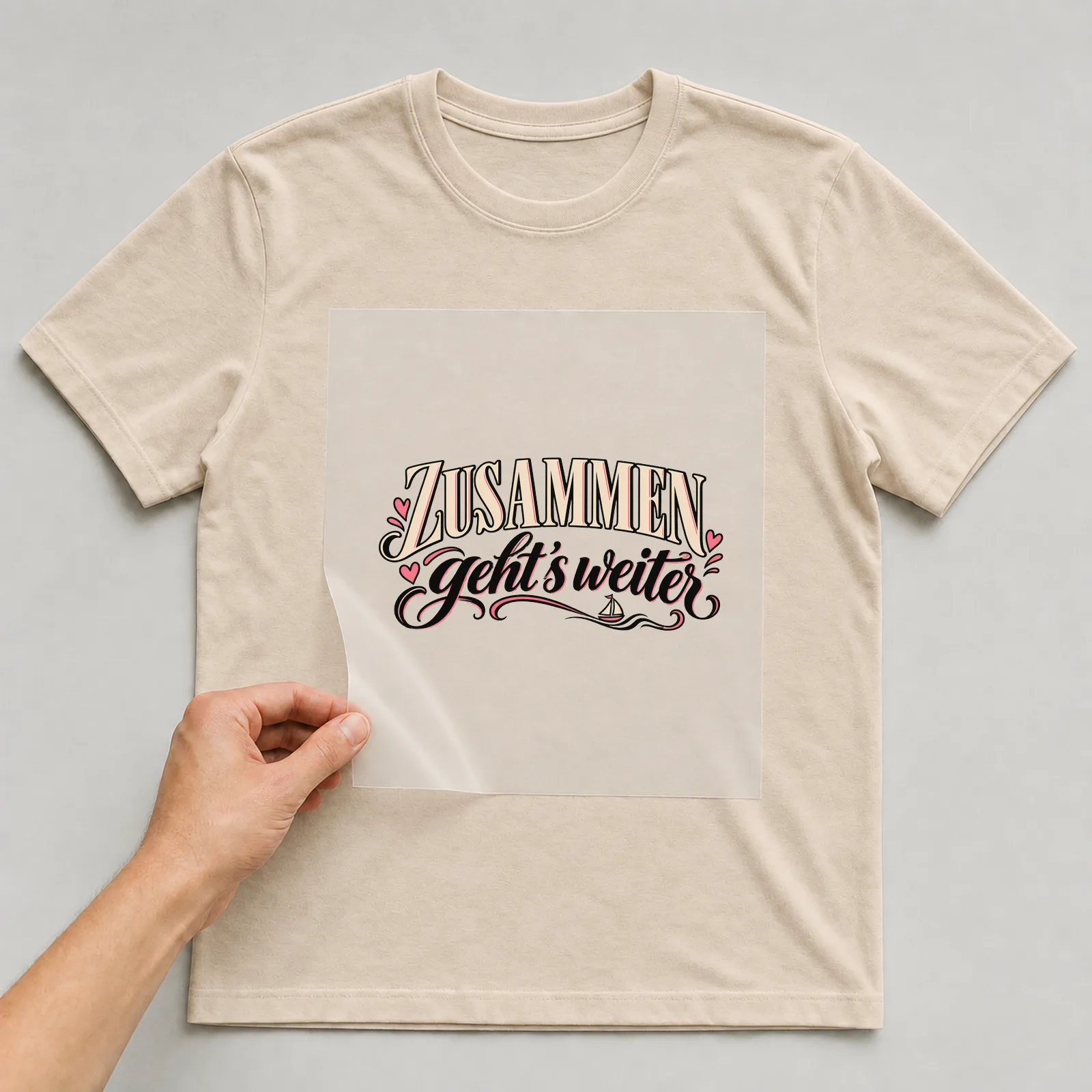 Bügelbild „Zusammen geht’s weiter“ auf beigem T-Shirt, Folie wird aufgelegt