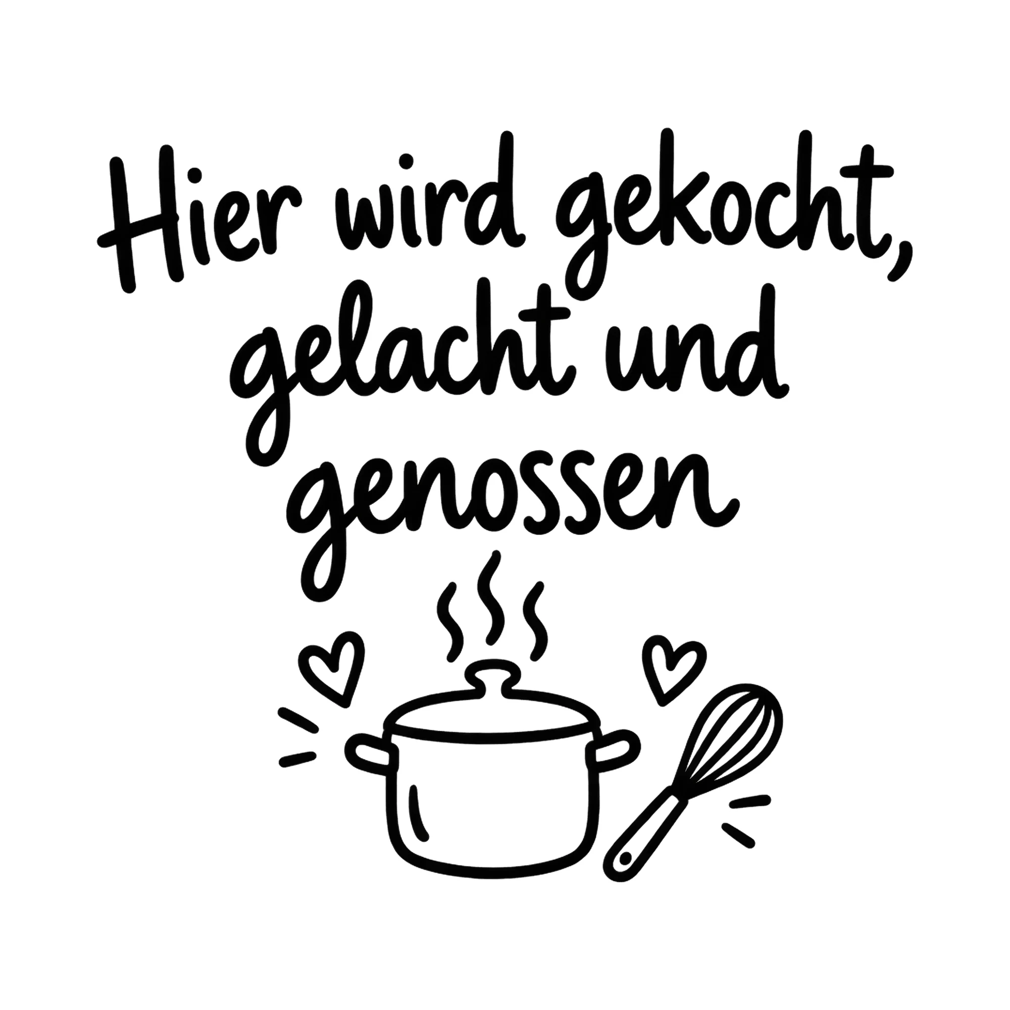 Bügelbild Hier wird gekocht, gelacht und genossen, Küchen Spruch Bügelbild als Grafik auf weißem Hintergrund (BB016493)