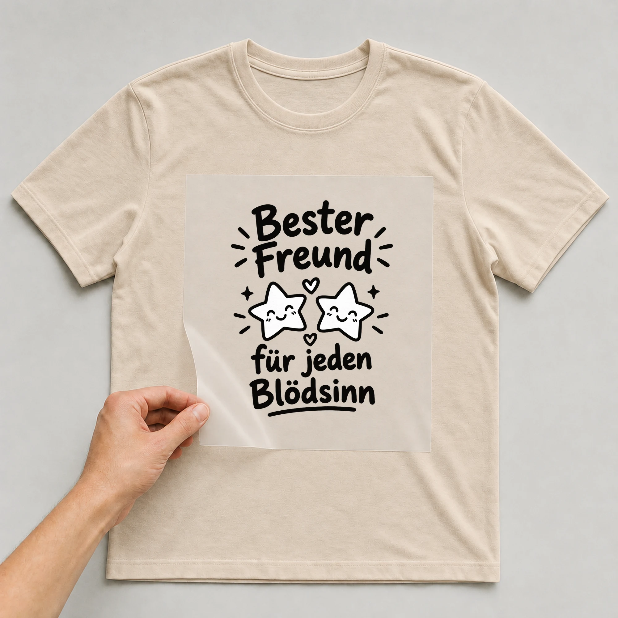 Bügelbild „Bester Freund für jeden Blödsinn“ auf beigem T-Shirt, Folie wird aufgelegt