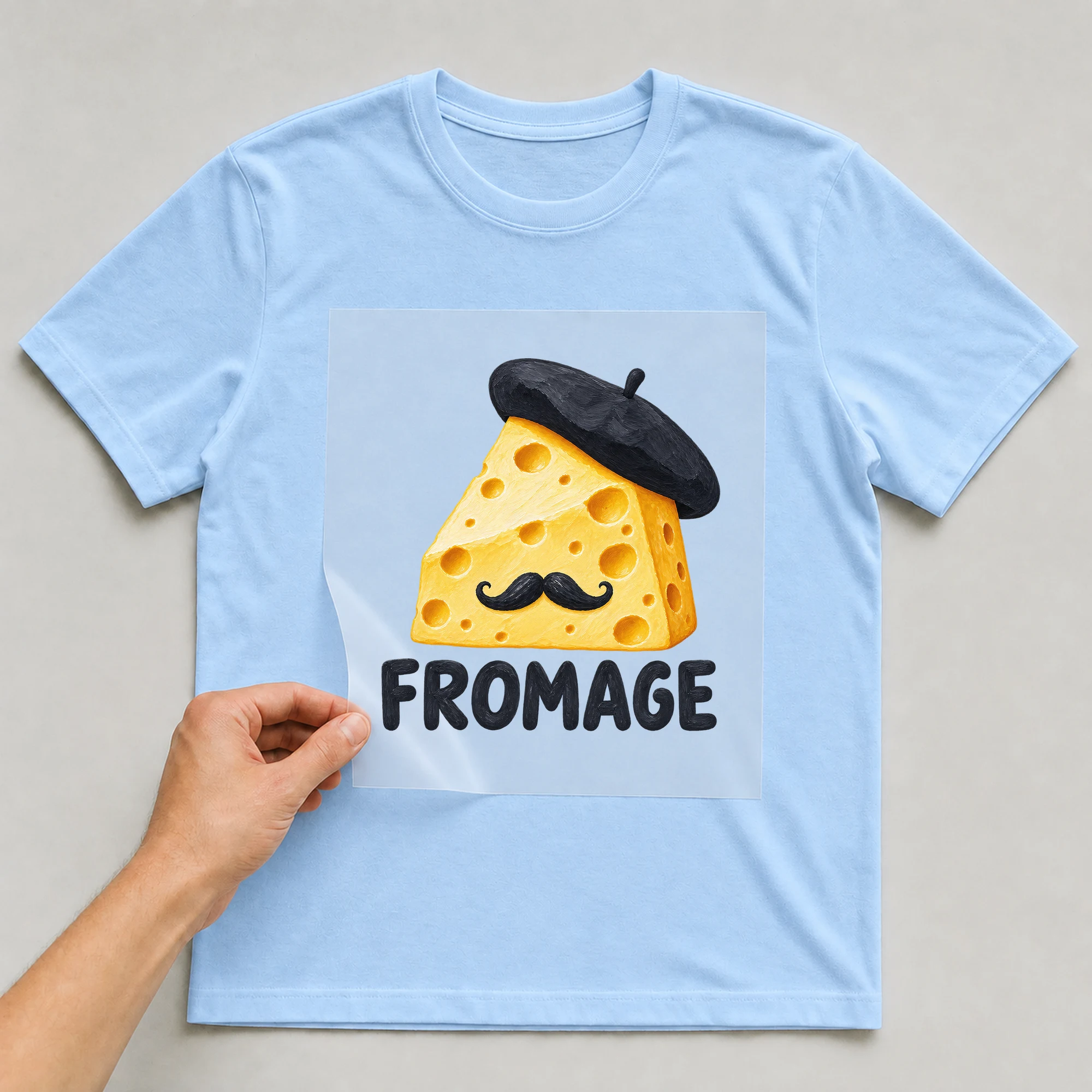 Bügelbild „Fromage“ auf babyblauem T-Shirt, Folie wird aufgelegt