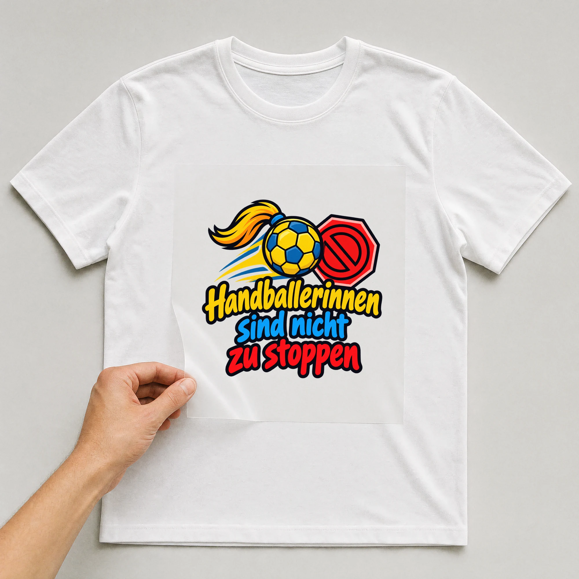 Bügelbild „Handballerinnen sind nicht zu stoppen“ auf weißem T-Shirt, Folie wird aufgelegt