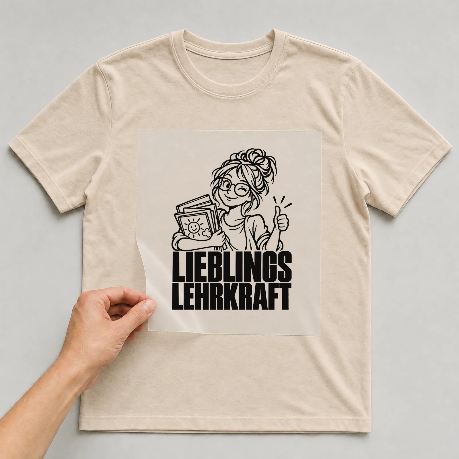 Bügelbild „Lieblingslehrkraft“ auf beigem T-Shirt, Folie wird aufgelegt