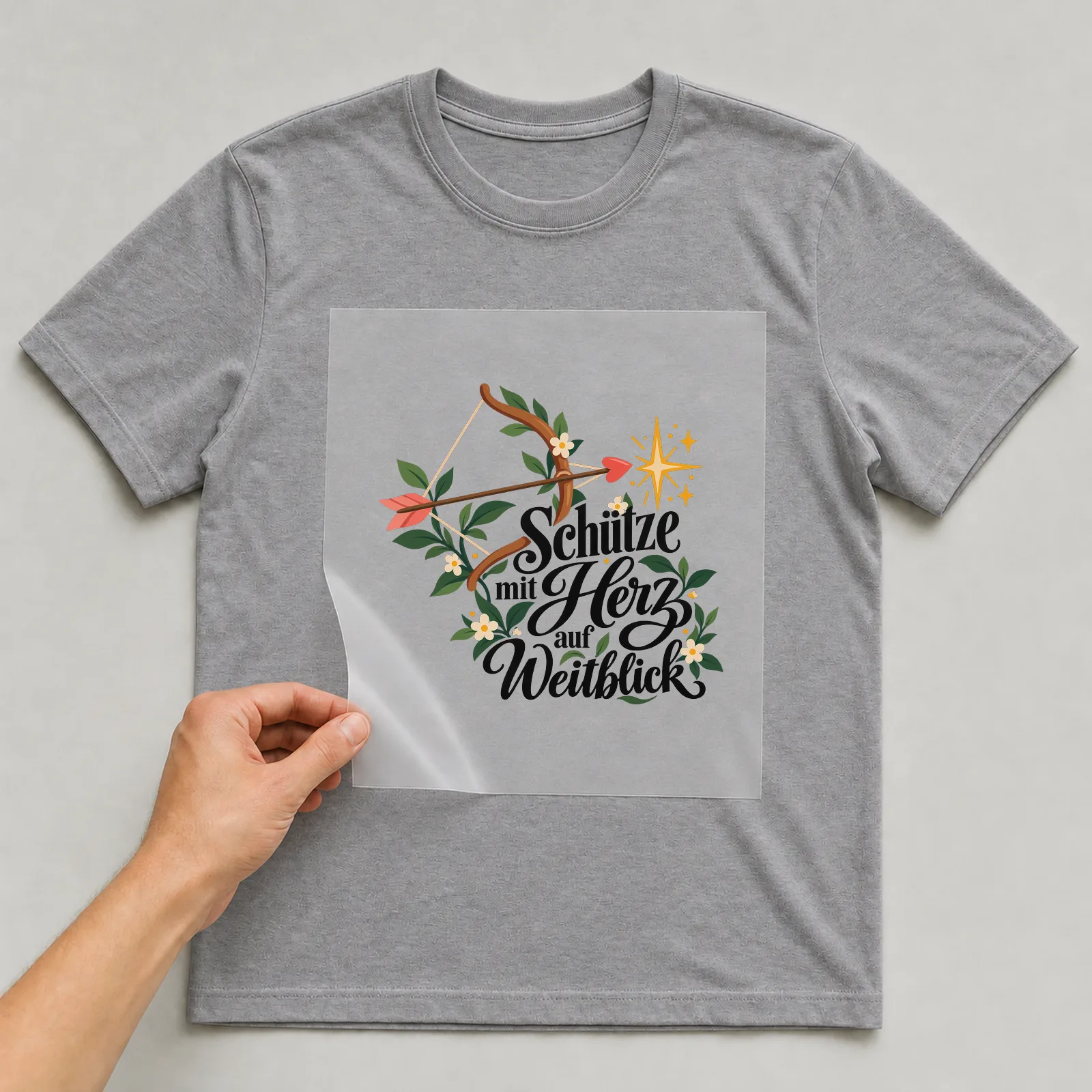 Bügelbild „Schütze mit Herz auf Weitblick“ auf grauem T-Shirt, Folie wird aufgelegt