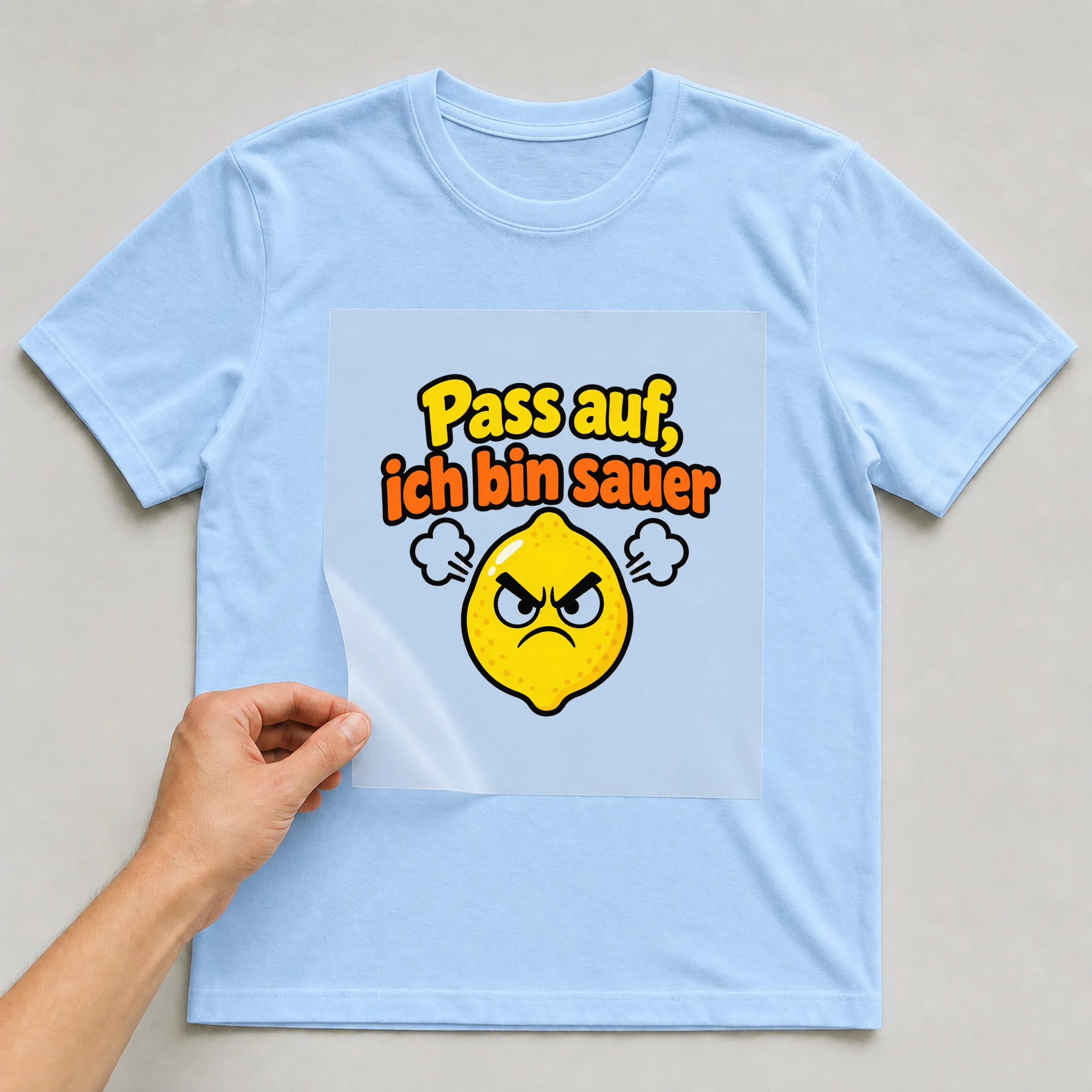 Bügelbild „Pass auf, ich bin sauer“ auf babyblauem T-Shirt, Folie wird aufgelegt
