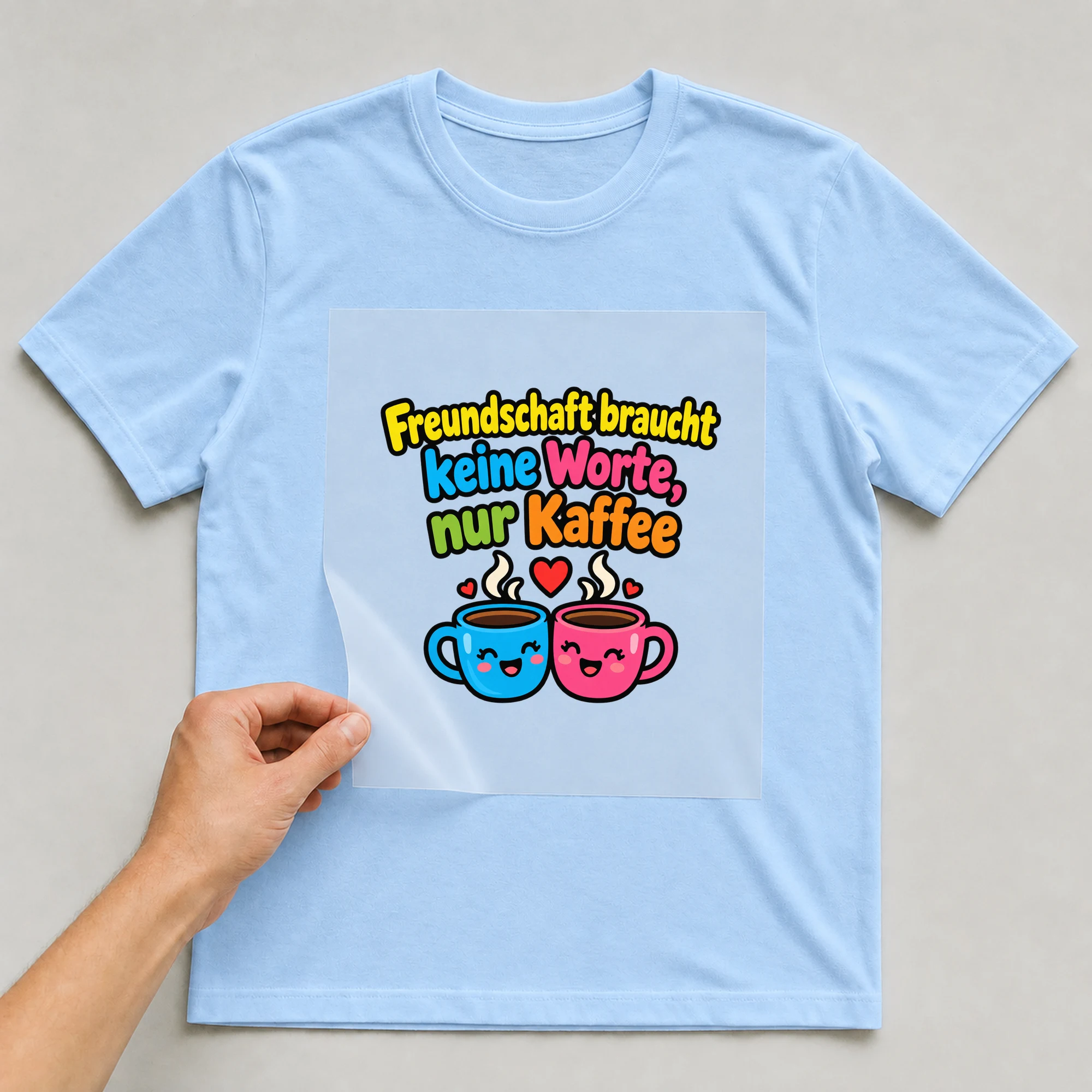 Bügelbild „Freundschaft braucht keine Worte, nur Kaffee“ auf babyblauem T-Shirt, Folie wird aufgelegt