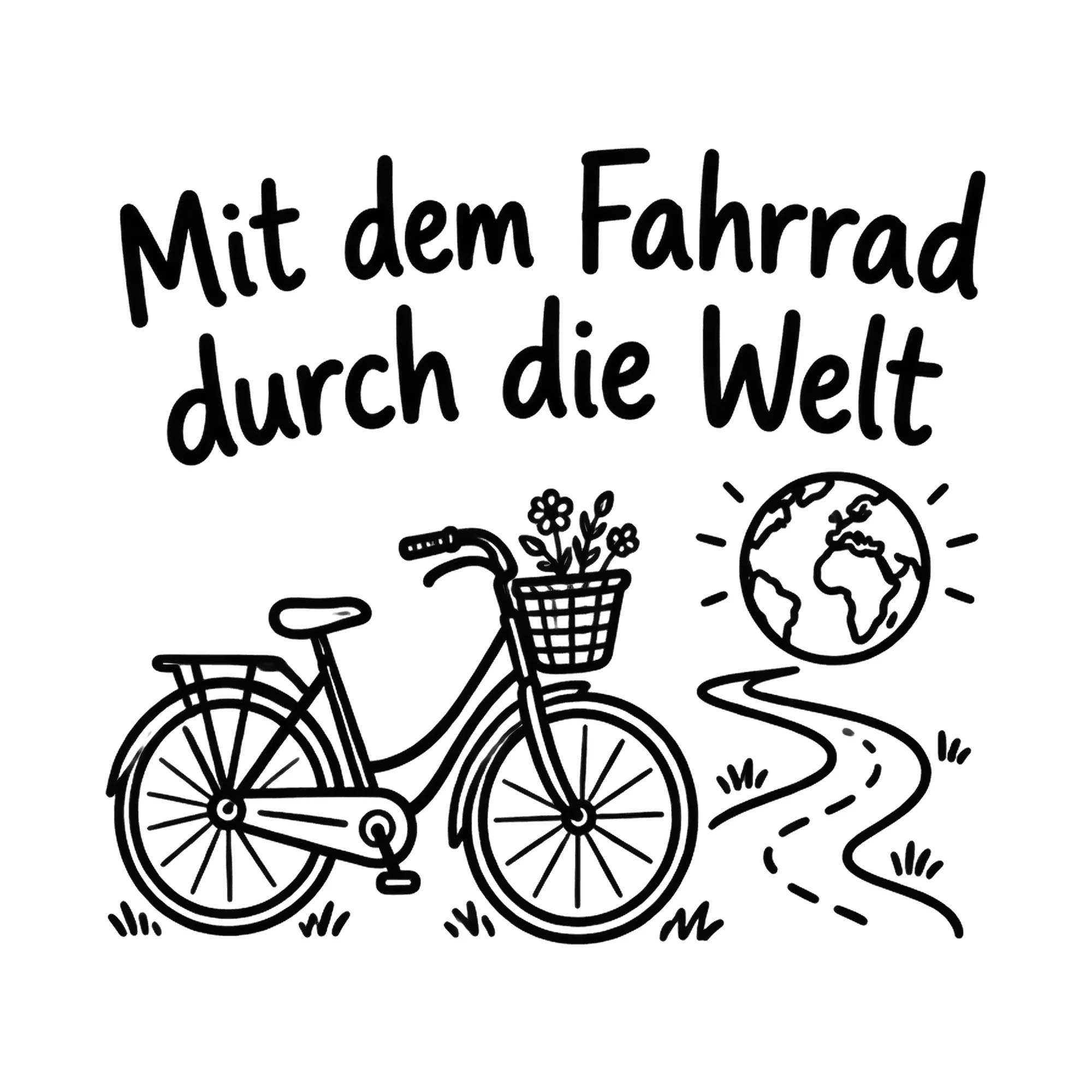 Bügelbild Mit dem Fahrrad durch die Welt als Grafik auf weißem Hintergrund (BB018455)