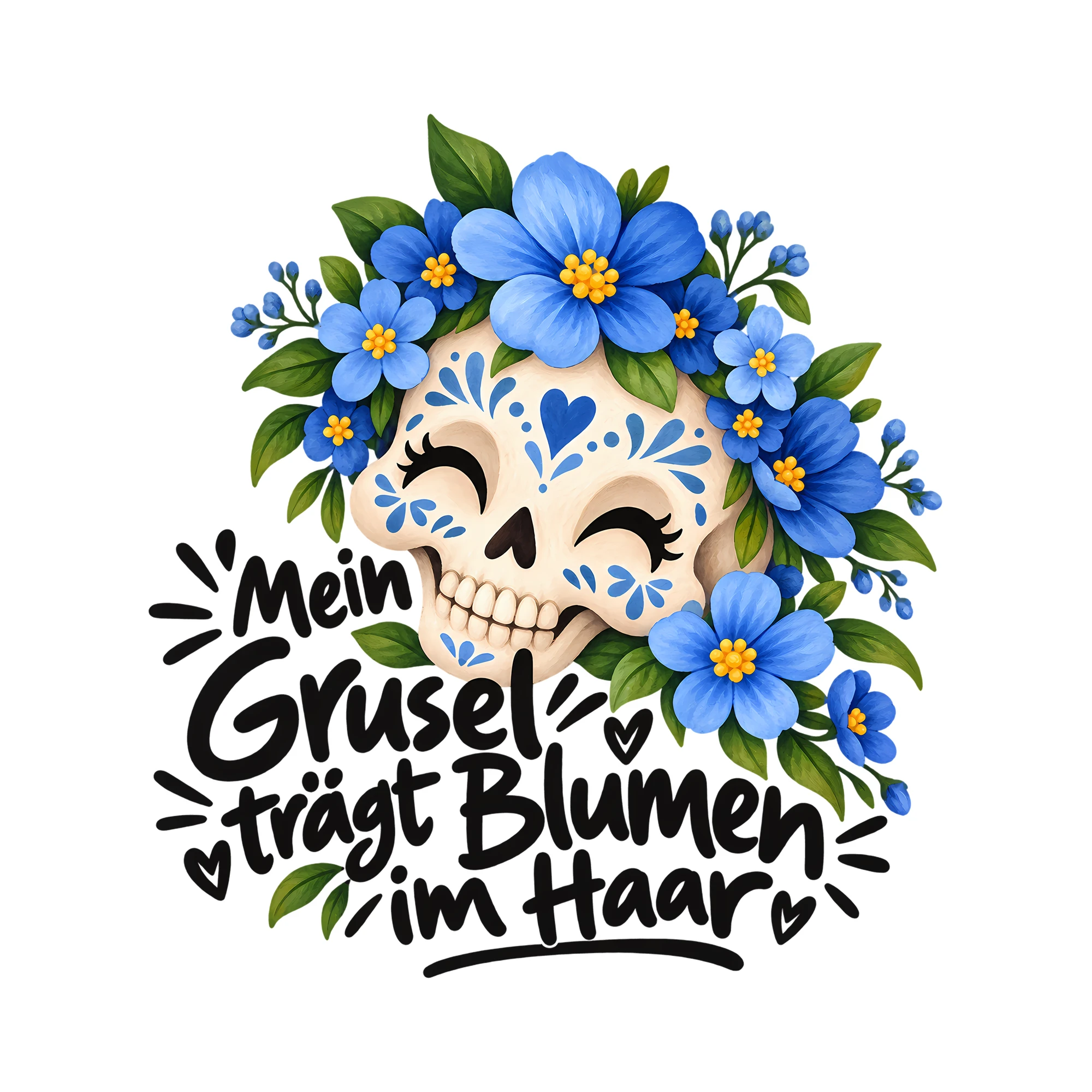 Bügelbild Mein Grusel trägt Blumen im Haar als Grafik auf weißem Hintergrund (BB012664)