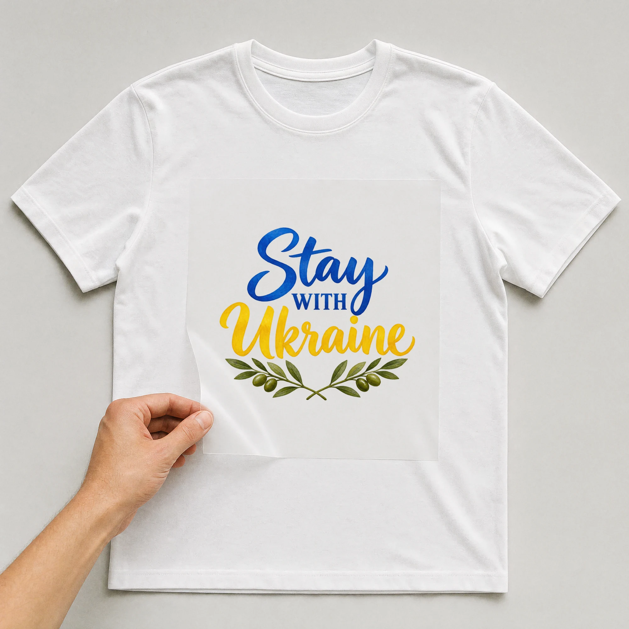 Bügelbild „Stay WITH Ukraine“ auf weißem T-Shirt, Folie wird aufgelegt