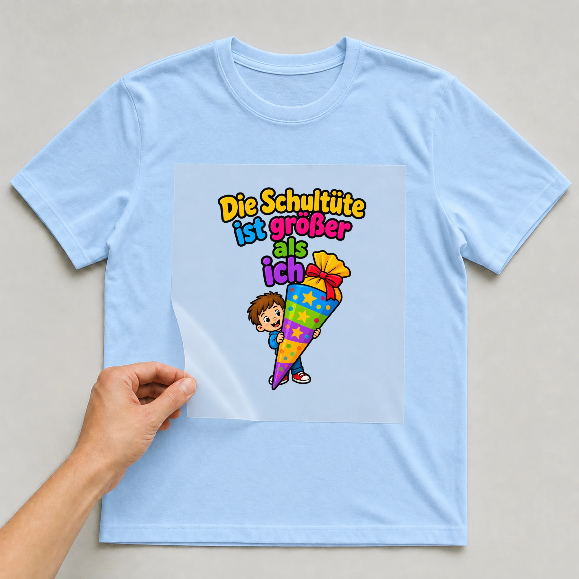 Bügelbild „Die schultuete ist groesser als ich“ auf babyblauem T-Shirt, Folie wird aufgelegt