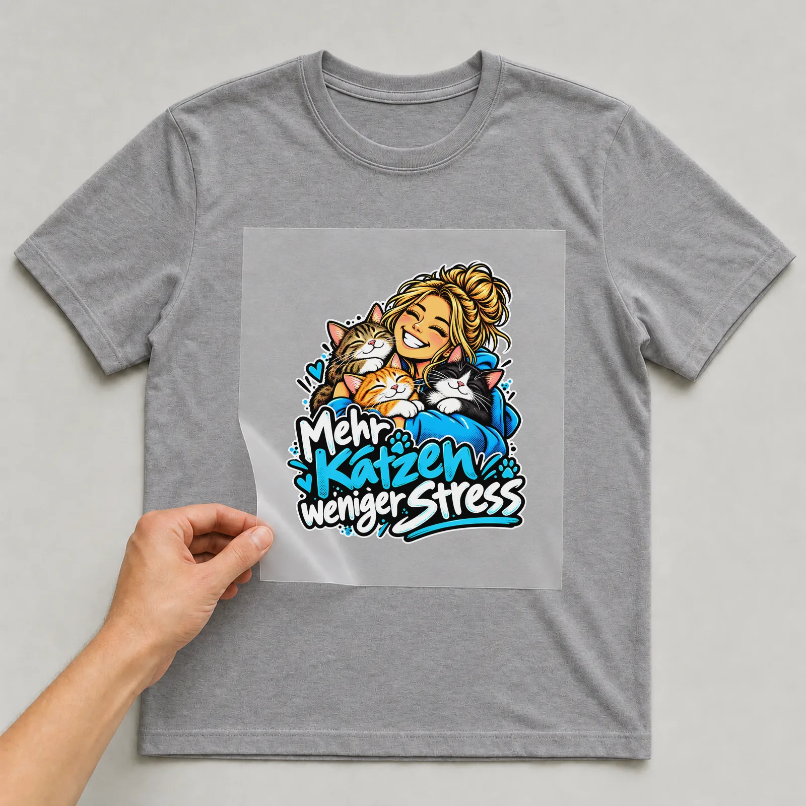 Bügelbild „Mehr Katzen, weniger Stress“ auf grauem T-Shirt, Folie wird aufgelegt
