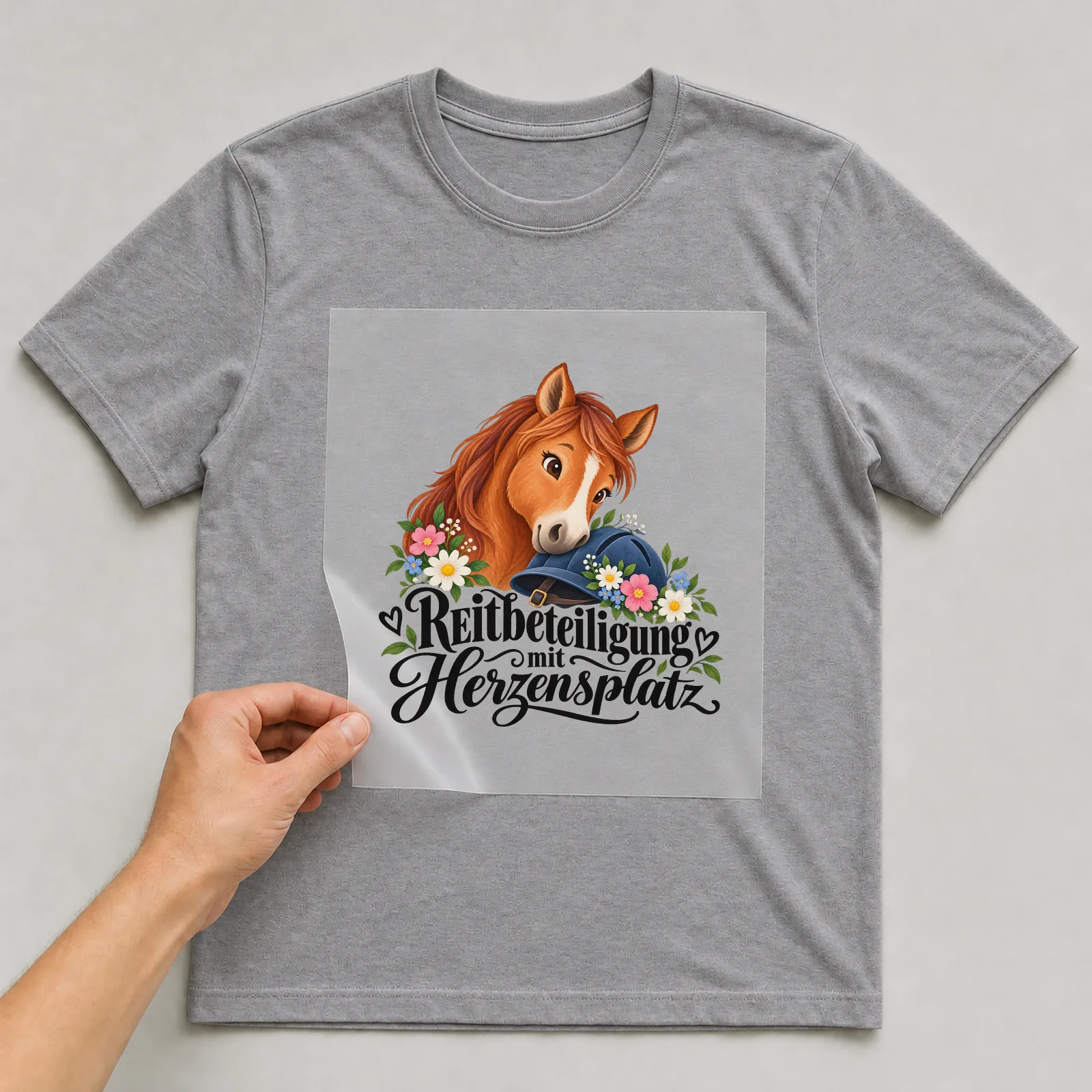 Bügelbild „Reitbeteiligung mit Herzensplatz“ auf grauem T-Shirt, Folie wird aufgelegt