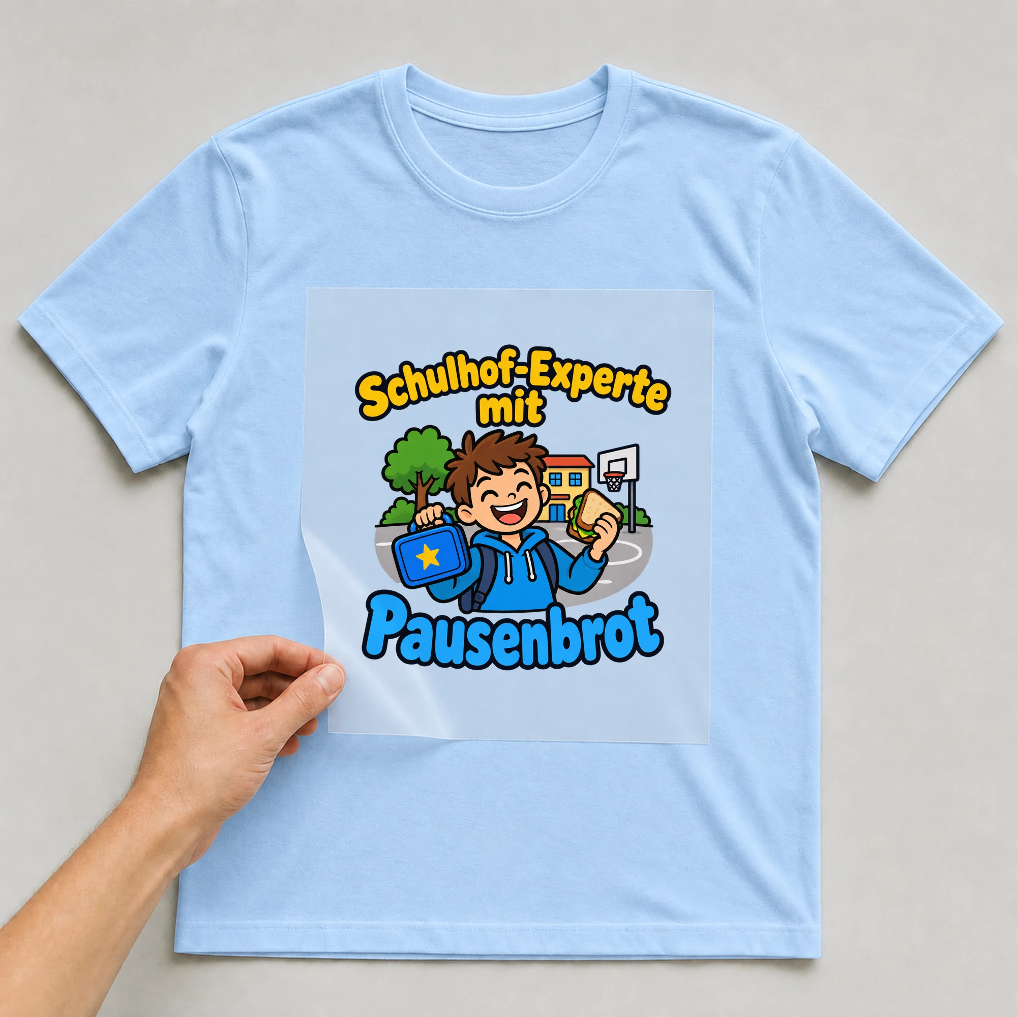 Bügelbild „Schulhof-Experte mit Pausenbrot“ auf babyblauem T-Shirt, Folie wird aufgelegt