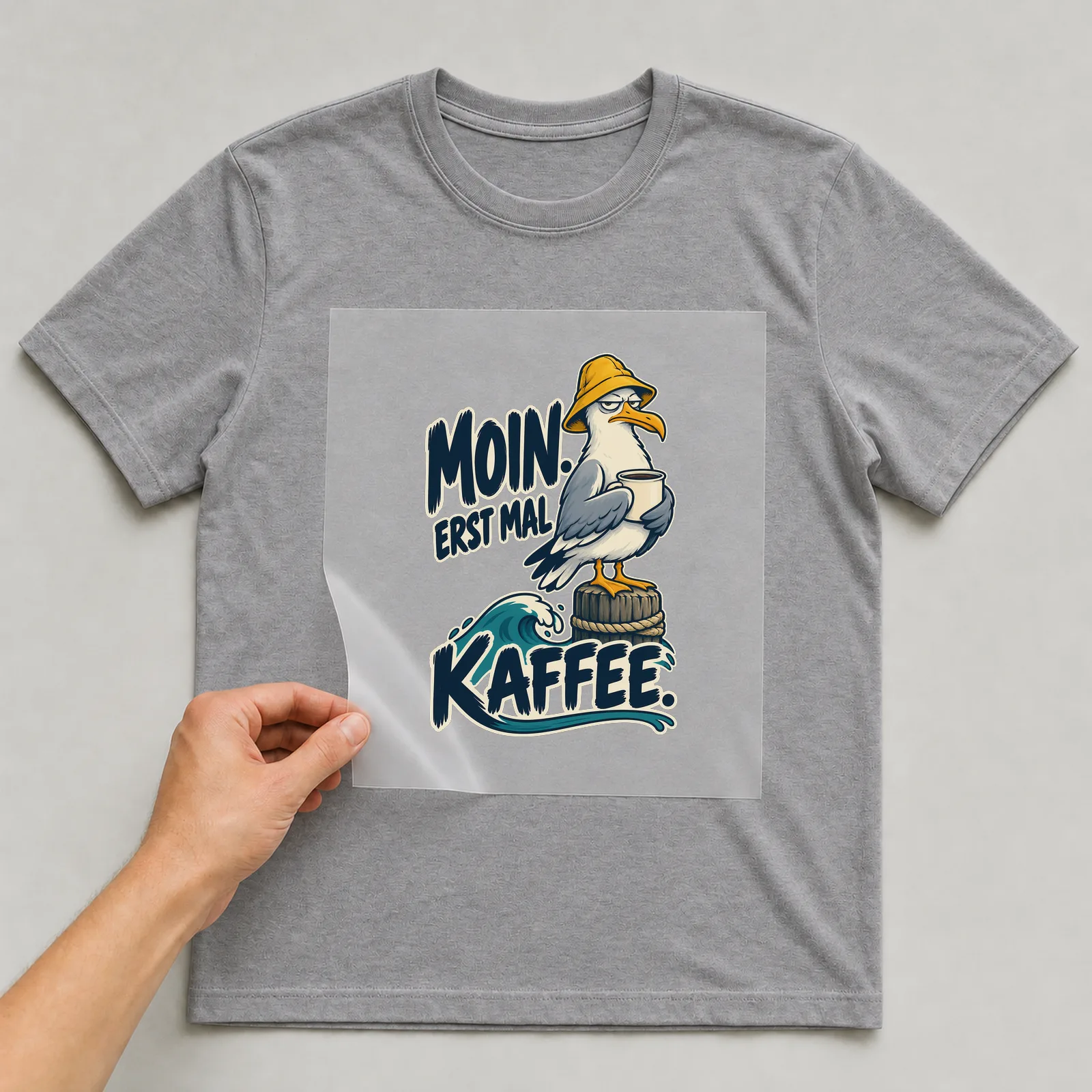 Bügelbild „Moin. Erst mal Kaffee.“ auf grauem T-Shirt, Folie wird aufgelegt