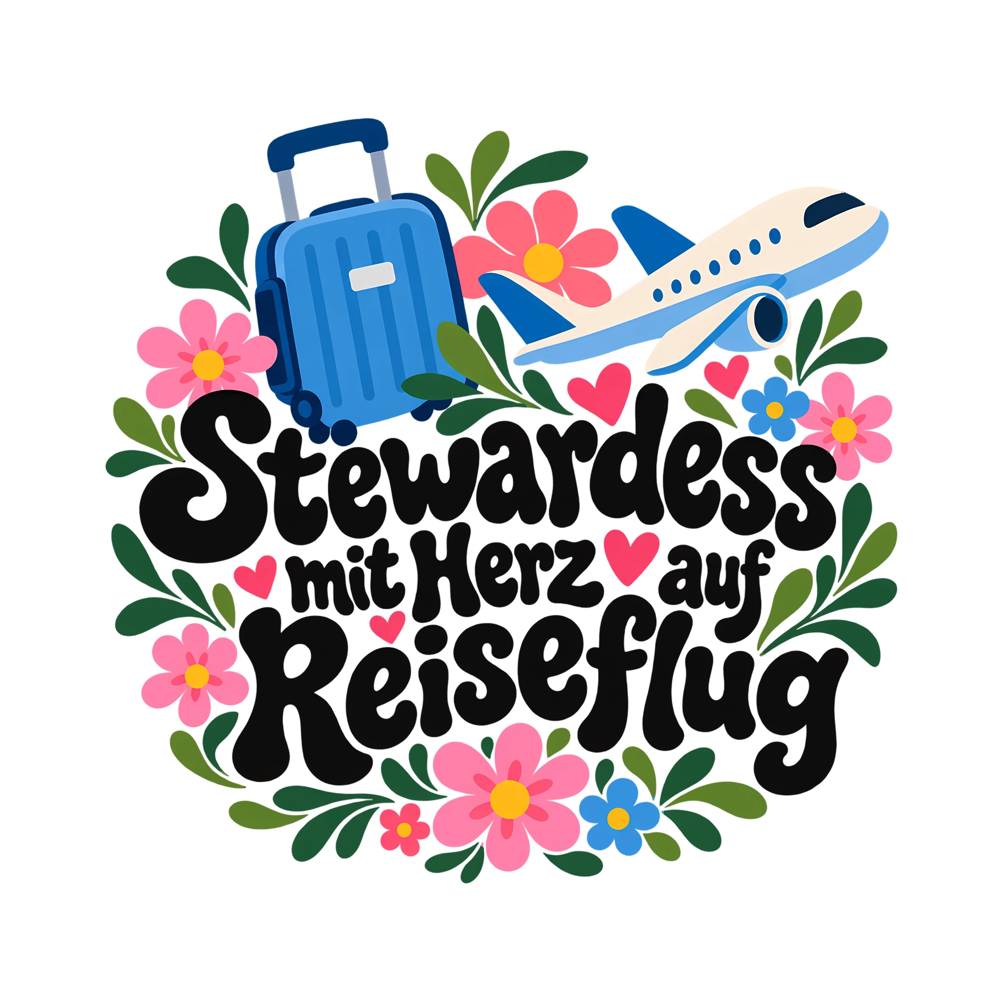 Bügelbild Stewardess mit Herz auf Reiseflug als Grafik auf weißem Hintergrund (BB013169)