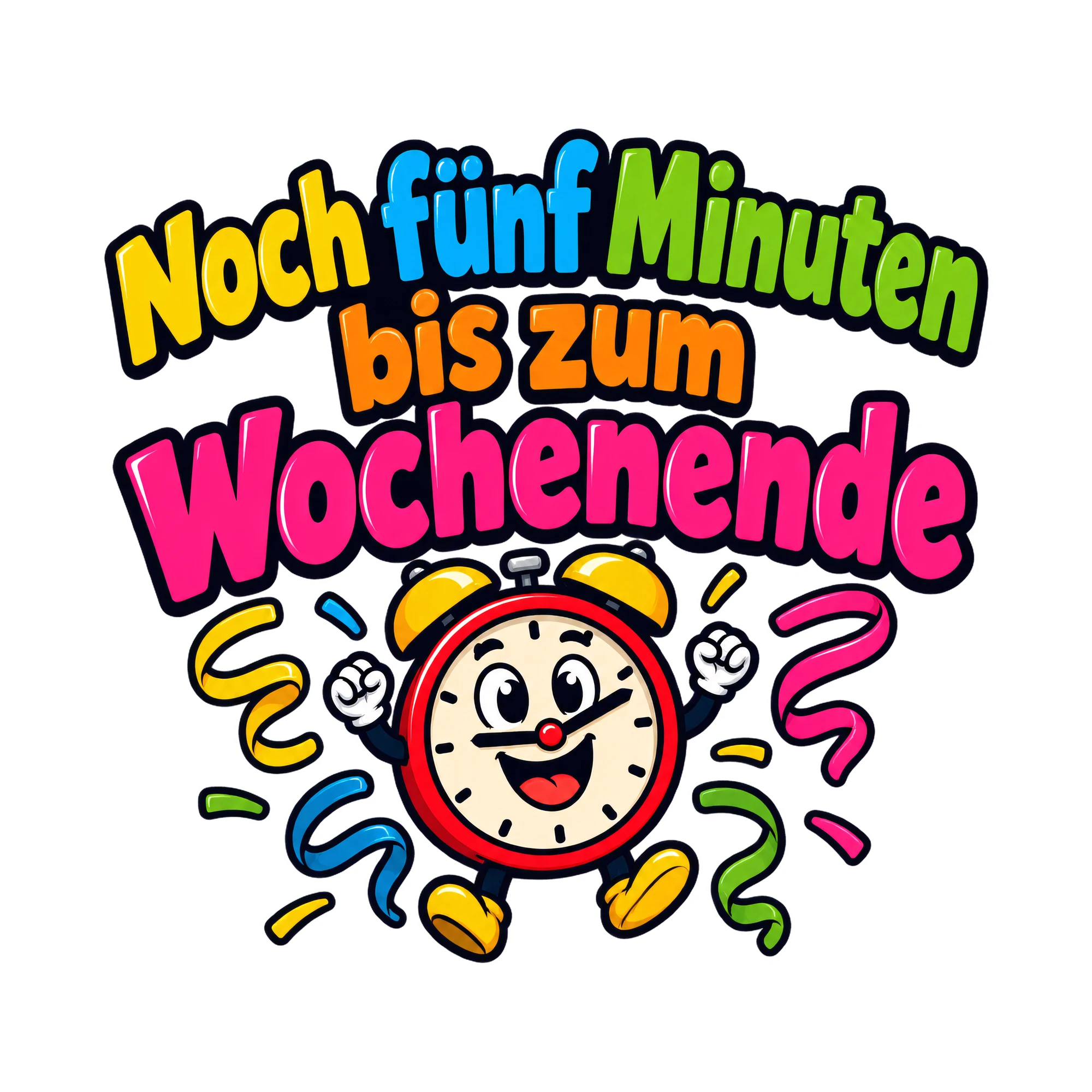 Bügelbild Noch fünf Minuten bis zum Wochenende, Lustiger Shirt Spruch als Grafik auf weißem Hintergrund (BB016776)
